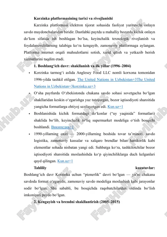 ti – korzinka go ishga tushirilgan. eastfruit+1 · logistika, taqsimlash va “dark store” formatlariga o‘tish bosqichi ham ayni davrga to‘g‘ri keladi — masalan, 49 000 m² hajmdagi markaziy ombor qurilishi rejalashtirilgan. pivot+1 tahliliy kuzatuvlar: bu bosqich korzinka uchun “omnikanal” — ya’ni onlayn + oflayn savdo integratsiyasi bosqichidir. raqamli xizmatlar (mobil ilova, onlayn buyurtma), logistika yangilanishi, tovar markalarini yaratish orqali brendning raqobatbardoshligi oshdi. 4. investitsiyalar, kengayish va xalqaro standartlar (2023 hozirgi) · 20242025 yillarda korzinka xalqaro moliyalashtirishni jalb qilgan: masalan, european bank for reconstruction and development (ebrd) va boshqa investorlar bilan 110 million aqsh dollar investitsiya loyihasi e’lon qilingan. pivot+1 · 2023yilda ifc (international finance corporation) korzinkaga 25 million usd miqdorida investitsiya qilgani haqida ma’lumot. ifc · 2024yilda yana bir xalqaro investitsiya (deg) bilan hamkorlik qilib, 25 million usd uzoq muddatli kredit ajratilgan. deginvest.de · bugungi kunda korzinka 12 viloyat bo‘yicha 150 dan ortiq do‘kon tarmog‘iga ega. korzinka.uz+1 tahliliy kuzatuvlar: ushbu …