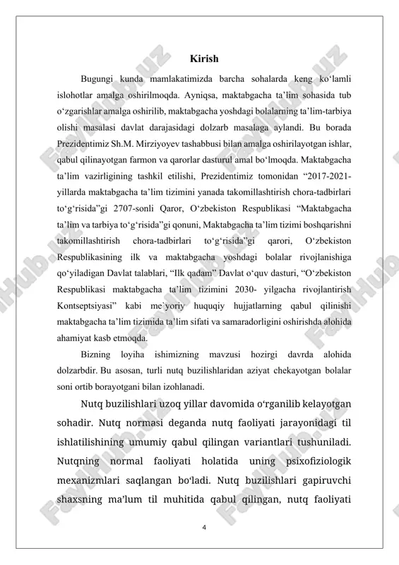 ri xx asr boshlarida yevropa tibbiyotining nutq buzilishlarini o’rganish borasida qo’lga kiritgan muvaffaqiyatlarining katta ta’siri bo’lib, a.kusmaul nutq buzilishlarining dastlabki turlari haqidagi yig‘ilgan tasavvurlarini tanqid ostiga oldi; ularni sistemalashtirdi, atamalarni tartibga keltirdi. mutaxassislar nutqning o‘z vaqtida rivojlanmasligi yoki keskin sekinlashuvining sabablari juda ko‘p ekanligini aniqlashgan: - homiladorlik davri (perinatal davri); - tug‘ruq davri (natal davri); - tug‘ruqdan keyingi davr (postnatal davr). homiladorlik davrida turli xil kasalliklarni boshdan kechirish, turli xil infeksiyalar, intoksikatsiya, homila toksikozi, gepoksiya yoki kislorod yo‘qotish, qon bosimining oshishi, homilador ayol va homila qon guruhining mos kelmasligi. homiladorlik paytida sigaret, alkogol va giyohvandlik moddalarini iste’mol kilish, o‘z o‘zini davolash, ya’ni ayrim dori-darmonlarni qabul qilish. homiladorning homila uchun xavfli bo‘lgan joylarda ishlashi (radiatsiya). tug‘ruq davrida akusherlik patologiyalari ya’ni, tos suyagining kichkinaligi, homilaning kindik o‘qiga o‘ralishi. tug‘ruqdan oldin suv ketishi, homilaning noto‘g‘ri joylashishi, tug‘ruq jarayonida bosh miyaning jarohatlanishi, tug‘ruq jarayonidagi asfiksiya natijasida bolaning ko‘karib tug‘ilishi. tug‘ruqdan keyingi davr - 1 …