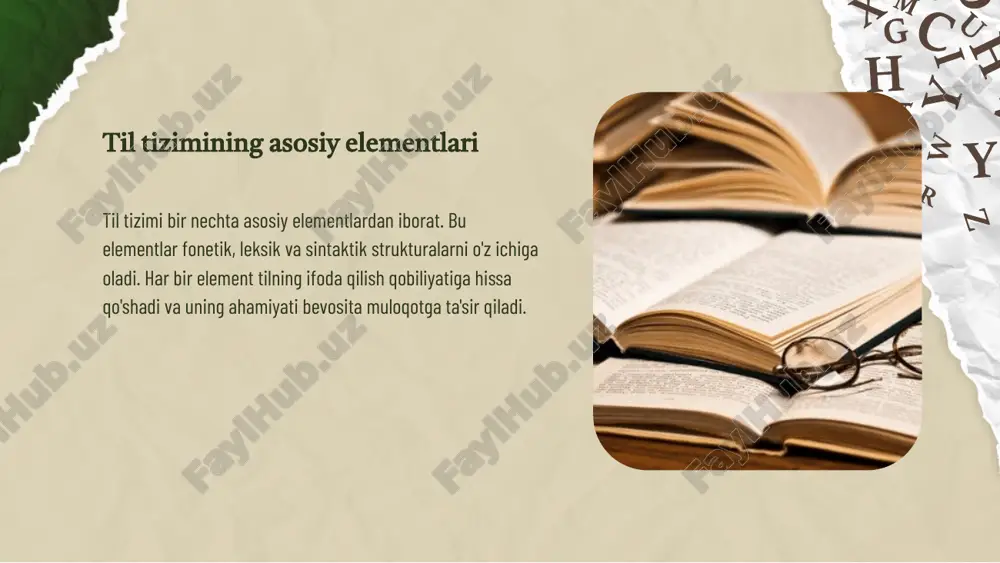 zni ko‘rsatadi. sintaktik strukturalarning tahlili sintaktik strukturalar tilning muhim asosini tashkil etadi. ular so'zlar orasidagi munosabatlarni va ularning birlashtirilishini ifodalaydi. sintaktik tahlil, jumlani to'g'ri tushunish va tarjima qilish uchun zarur. bu til tizimlarining strukturaviy jihatlarini o'rganishga yordam beradi. masalan, "ona kitob o'qiydi" jumlasida sub'ekt, predikat va ob'ektni aniqlash orqali muxitni anglash mumkin. bu, shuningdek, til o'rganish jarayonida yaxshilanishga olib keladi. 02. 03. 01. til tizimidagi sintaktik muammolar sintaktik struktura tahlili muammolar va yechimlar sintaktik strukturalar til tizimida muhim rol o'ynaydi. ular gap tuzilishini belgilaydi va ma'noni ifodalaydi. tahlil qilish orqali ularning samaradorligi oshirilishi mumkin. sintaktik muammolar ko'pincha noto'g'ri gap tuzilishi yoki tushunmovchiliklar sababdan kelib chiqadi. ularni aniqlash va tuzatish uchun tilshunoslar ko'p vaqt sarflashadi. yechimlar sintaksisni kuchaytirish bilan bog'liq usullarni o'z ichiga oladi. tilning strukturaviy elementlari fonetik elementlar morfologik tizim sintaktik tuzilma fonetik elementlar tilning ovoz komponentlarini tashkil etadi. ular talaffuz, aksent va intonatsiya kabi jihatlarni o'z ichiga oladi. morfologik …