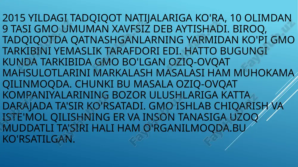 nlarni etishtirishdan voz kechish imkoniyatini beradigan evropa komissiyasi qoidasi qabul qilindi. komissiya saytida yozilishicha, evropa ittifoqiga a'zo 27 davlatdan 19 tasi gmoni qisman yoki to'liq taqiqlashga ovoz bergan. «frantsiya, germaniya, avstriya, gretsiya, vengriya, gollandiya, latviya, litva, lyuksemburg, bolgariya, polsha, daniya, malta, sloveniya, italiya va xorvatiya kabi ko'plab davlatlar butunlay taqiqni tanladilar. frantsuz tilida so'zlashuvchi belgiya viloyati valoniya saylovlardan shotlandiya, uels va shimoliy irlandiya bilan bir qatorda chiqdi. " iste'mol qilinadigan oziq -ovqat mahsulotidagi gmo sohasida, evropa ittifoqi iste'molchi oziq -ovqatlarida gmo -ni etiketkalashni talab qiladigan aniq qoidalarga ega; bu aqsh ham 2022 yil yanvar oyida amalga oshirishni boshlaydi. qo'shma shtatlarda majburiy markirovkadan tashqari, qishloq xo'jaligi boshqarmasi yoki oziq -ovqat va farmatsevtika idorasi tomonidan gmoni taqiqlovchi rasmiy qonun yo'q. biroq, kaliforniyadagi gumboldt, mendotsino, uchlik, santa -kruz, sonoma va marin okruglari aqshda gm ekinlarini muvaffaqiyatli taqiqlagan grafliklardir. dunyo mamlakatlari gmodan foydalanish masalalarini muhokama qilishni davom ettirmoqdalar. 2016 yilda rossiyada genetik modifikatsiyalangan o'simliklar …