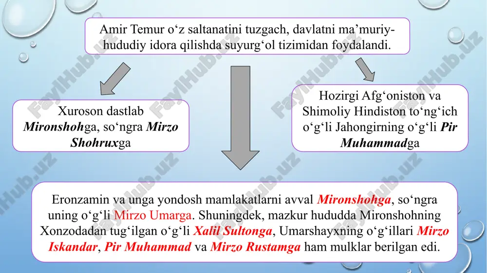 emuriylar davri harbiy boshqaruv tizimi 4. amir temur davrida tashqi siyosat amir temur davlati bilan vizantiya, turkiya, hindiston, ispaniya, fransiya, angliya, oltin o‘rda, mo‘guliston, xitoy kabi davlatlar iqtisodiy, siyosiy va madaniy aloqalar o‘rnatdilar. amir temur davlatining tashqi siyosati o‘z oldiga mamlakat xavfsizligini ta’minlash; qo‘shni mamlakatlarda o‘z ta’sirini mustahkamlash; turkiya, hindiston, xitoy, venetsiya, ispaniya, fransiya va angliya bilan iqtisodiy, elchilik, madaniy aloqalarni o‘rnatish va rivojlantirish kabi vazifalarni qo‘ygan. xiv asr oxirlarida vujudga kelgan muayyan xalqaro vaziyat tufayli amir temur davlati, turkiya, misr va oltin o‘rda eng qudratli davlatlar sifatida siyosiy maydonga chiqdi. bu davrda amir temurga mo‘g‘uliston, oltin o‘rda va misr bilan ittifoqdagi usmoniylar turkiyasi qarama-qarshi turardilar. mo‘g‘uliston bilan aloqalar movarounnahr mo‘g‘ullar istibdodidan xalos etilib, mamlakatda amir temur hokimiyati o‘rnatildi, lekin uning sarhadlari hali tinch emas edi. mo‘g‘ulistonda ulus beklarining isyonlari va ularning toshkent viloyati bilan farg‘ona vodiysiga talonchilik xurujlari ro‘y berib turardi. shimol tarafda oq o‘rdada jo‘ji ulusining tojtaxti uchun …