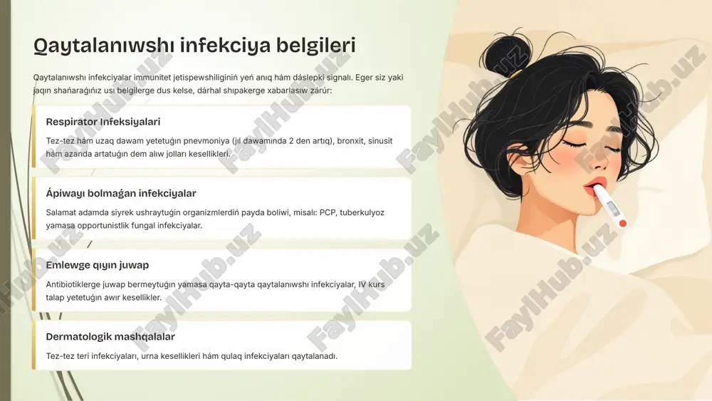 adamnıń salamat immunitetinde azayıwları ushın alıp keledi. awır jaǵdaylar scid (seree combined immunodeficiency) nárestelerde yerte anıqlanbasa, ómir ushın tikkeley qáwipli hám ámeliyatta derlik qaytarılmaydı. 8 diagnostika hám itibar beriliwi kerek bolgan belgiler immunitet jetispewshiligin erte anıqlaw ómirdi saqlap qaladı. tómendegi belgiler kórinse, dárhal ózińizdiń immunologiyalıq tekseriwden ótiwińiz usınıs etiledi. 1 infekciyalar sanı hám awırlıǵı jıl dawamında 2 yamasa onnan kóp awır infekciyalar, 3 yamasa onnan kóp dem alıw jolları infekciyaları, recidivleniwshi teri yamasa qulaq kesellikleri. 2 emlewge qarsı juwap standart antibiotiklerge juwap bermeytuǵın jaǵdaylar, iv infuziyası yamasa yemlewxana emlewi talap etetuǵın kesellikler. 3 shańaraq tariyxı jaqın túyinniń tariyxında immunitet jetispewshiligi, tez ólim jaǵdayları, belgisiz sebepten ótiwshi infekciyalar. 4 laboratoriya belgileri qanda antitelalar dárejesiniń páseyiwi, t yamasa b kletkalar sanınıń kemeyiwi, immunoglobulin tekseriwi nátiyjeleriniń anomaliyası. 9 emlew usılları hám medicinalıq intervenciyalar búgingi kúnde immunitet jetispewshiligi komplekciya taslanbaytuǵin kesellik emes. zamanagóy medicina bir neshe nátiyjeli emlew usılların usınadı, olar nawqaslardıń ómir sapasın …