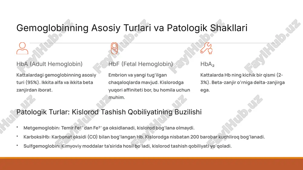 di. quyidagi kasalliklarni tashxislashda hal qiluvchi rol o‘ynaydi: anemiyaning har xil turlari (temir tanqisligi, b12 tanqisligi, aplastik anemiya). o‘pka kasalliklari (surunkali obstruktiv o‘pka kasalligi, pnevmoniya). yurak yetishmovchiligi. zaharlanishlar (uglerod oksidi, metgemoglobin hosil qiluvchi moddalar). gemoglobinning patologik shakllarini aniqlash gemoglobinopatiyalarni, masalan, o‘roqsimon hujayrali anemiya va talasemiyalarni erta tashxislashda muhimdir. 10 gemoglobin patologiyalariga yondashuv: zamonaviy davolash usullari gemoglobin bilan bog‘liq kasalliklarni davolash ularning turiga va og‘irlik darajasiga bog‘liq bo‘lib, ko‘pincha kompleks yondashuvni talab qiladi. anemiyani davolash asosiy sababni bartaraf etish (masalan, temir, b12 yoki folat kislotasi preparatlari, qon yo‘qotishni to‘xtatish). og‘ir holatlarda: eritrotsit massasini quyish. polisitemiyani boshqarish qon quyuqlashishini kamaytirish uchun flebotomiya (qon olish). suyak ko‘migi faoliyatini pasaytiruvchi dorilar (mielosupressiv terapiya). gemoglobinopatiyalarga terapiya o‘roqsimon hujayrali anemiya: og‘riq krizislarini boshqarish, gidroksiuriya, ba'zan suyak ko‘migi transplantatsiyasi. talasemiya: muntazam qon quyish, temirni organizmdan chiqaruvchi terapiya (xelatsiya), suyak ko‘migi transplantatsiyasi. zaharlanishlarni davolash metgemoglobinemiya: metilen ko‘ki yuborish. co zaharlanishi: yuqori bosimli kislorod terapiyasi (giperbarik oksigenatsiya). 11 xulosa: …