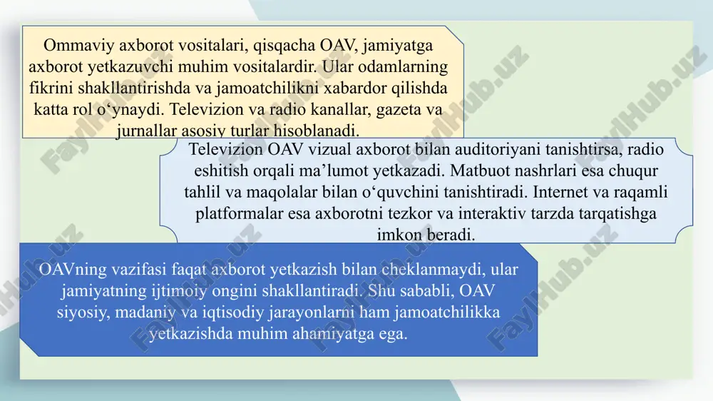 i nafaqat yangilik yetkazish bilan cheklanmaydi, balki jamiyatda muhim masalalarni muhokama qilish imkonini ham beradi. jurnalistlar iqtisodiy va siyosiy muammolarni yoritib, aholining xabardorligini oshiradi. 2 shu bilan birga, axborot tarqatishda qonuniy va etik cheklovlar mavjud bo‘lib, ular faoliyatning barqarorligini ta’minlaydi. mustaqil jurnalistika va raqamli media rivojlanishi esa bu cheklovlarni asta-sekin yumshatib, erkin axborot makonini kengaytiradi. 3 televizion, radio va onlayn resurslar birgalikda jamiyatni tezkor va ishonchli axborot bilan ta’minlash tizimini yaratadi. oavning jamiyatdagi roli juda keng. ular siyosiy jarayonlar, qonuniy o‘zgarishlar, davlat dasturlari va ijtimoiy tashabbuslarni aholiga yetkazadi. madaniyat va san’at sohasidagi yangiliklar, sport yangiliklari va an’anaviy qadriyatlarni yoritish orqali oav milliy ongni rivojlantirishga hissa qo‘shadi. shuningdek, ular yoshlarni interaktiv media orqali tezkor axborot bilan tanishtiradi va jamiyatdagi muammolarni muhokamaga tortadi. o‘zbekiston respublikasida ommaviy axborot vositalari bugungi kunda tez rivojlanmoqda va turli platformalarda faoliyat yuritmoqda. televizion kanallar aholiga yangiliklar, ijtimoiy dasturlar, intervyular va madaniy ko‘rsatuvlar orqali keng qamrovli axborot yetkazadi. …