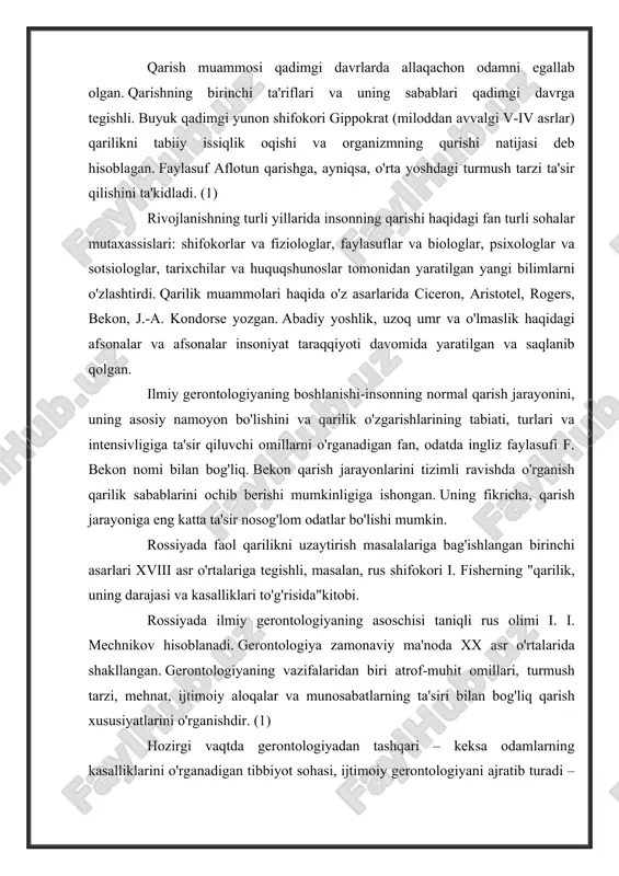alohida guruhlarga bo'lishni taklif qiladi: keksa yosh (u involyutsion yoki preparoral deb ham ataladi) – 50 yoshdan 65 yoshgacha; qarilik - 65 va undan yuqori. (3) e. s. averbuch, mahalliy psixiatr shartli ravishda 45-60 yoshni post sifatida belgilaydi reproduktiv (klimakterik) davr, keksa yoshdan oldin (tug'ruqdan oldin - 60-75 yosh) va qarilik (75-90 yosh). muallifning fikriga ko'ra, 90 yoshdan oshgan odamlar uzoq umr ko'rishlari kerak (4, 5) mahalliy fanda yoshni davriylashtirishning quyidagi sxemasi qabul qilingan: · keksa yoshi 60-74 yosh erkak, 55-74 yosh ayol. · qarilik yoshi 75-90 yosh erkaklar va ayollar. · uzoq umr ko'rganlar-90 yosh va undan katta erkaklar va ayollar. shuningdek, pensiya yoshi ajratiladi, uning chegaralari davlat tomonidan belgilanadi. pensiya yoshini aniqlashda ular xronologik yoshdan - yashagan yillar sonidan kelib chiqadi. fiziologik funktsiyalarning yosh dinamikasini aks ettiradigan, genetik tarkibiy qism, turmush tarzi, o'tmishdagi kasalliklar, stressli vaziyatlar, jismoniy, aqliy va intellektual faoliyat bilan belgilanadigan funktsional yosh tushunchasi mavjud; psixologik …