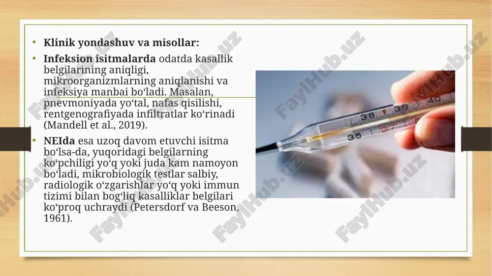 t; pet-ct muhim rol o‘ynaydi mikrobiologik testlar salbiy salbiy (infeksiya yo‘q), lekin immunosupressiv fon bo‘lishi mumkin davolashga javob antibiyotik yoki simptomatik davo ko‘rsatkichiga qarab javob beradi antipiretiklarga sust javob; o‘smaga qaratilgan terapiya (kemo/radio)dan keyin sezilarli yaxshilanish tashxis qo‘yishda biopsiya kam hollarda biopsiya zarur biopsiya — asosiy diagnostik vosita (limfa tuguni, suyak iligi, to‘qimalar) o‘ziga xos markerlar yo‘q tumor markerlari: psa, afp, cea, ca-125, ldh, b2-mikroglobulin kabilar aniqlanishi mumkin immunohistokimyo kam qo‘llaniladi juda muhim: limfoma, leykoz, sarkoma, metastazlar uchun zarur nei va onkologik isitmaning differensial diagnostikasi mezon nei (autoimmun sabab bo‘lmasa) autoimmun kasalliklar (masalan, sle, vaskulitlar) isitma davomiyligi doimiy yoki qaytalanuvchi odatda sistematik simptomlar bilan birga (artralgiya, toshmalar) boshqa simptomlar kam yoki noaniq to‘qima yallig‘lanishi: artrit, nefrit, toshma, fotofobiya, stomatit immunologik testlar ana, rf, anca – salbiy ana, rf, anti-dsdna, anca – musbat bo‘lishi mumkin davolashga javob simptomatik javob kortikosteroidlarga tez javob xulosa belgilar autoimmun tizimga xos emas autoimmun profil kuchli, …