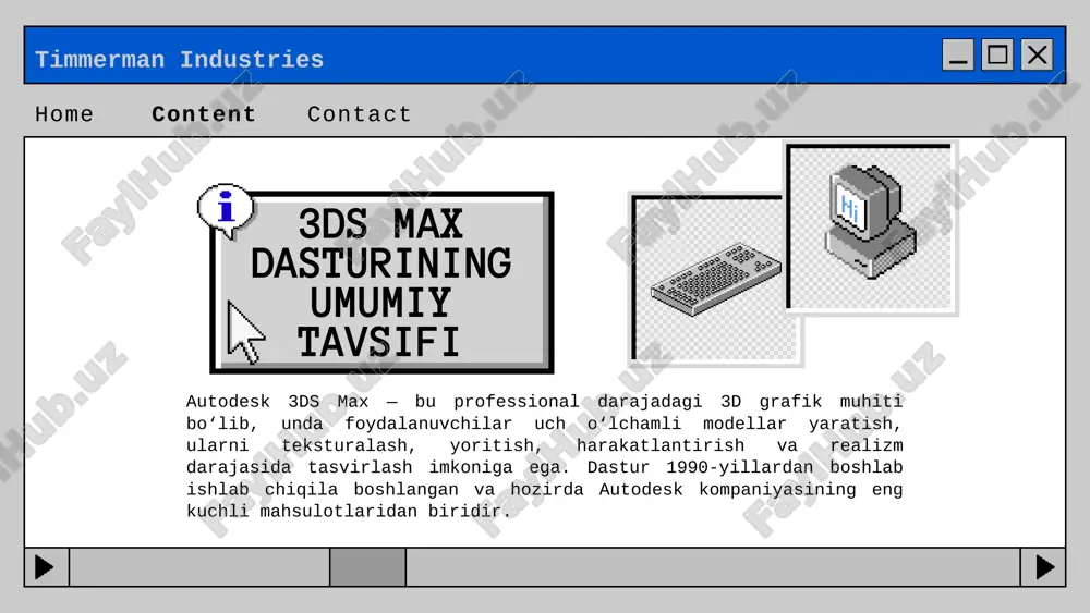 , 3ds max yordamida real hayotga juda yaqin, mukammal 3d modellar va animatsiyalar yaratish mumkin. e'tiboringiz uchun raxmat timmerman industries home content contact image9.png image10.svg image11.png image12.svg image1.png image2.svg image3.png image4.svg image5.png image6.svg image7.png image8.svg image13.png image14.svg image15.png image16.svg image17.png image18.svg image19.png image20.svg image21.png image22.svg image23.png image24.svg image25.png image26.svg image27.png image28.svg image29.png image30.svg image31.png image32.svg image33.png image34.svg image35.png image36.svg image37.png image38.svg image39.png image40.svg image41.png image42.svg /docprops/thumbnail.jpeg