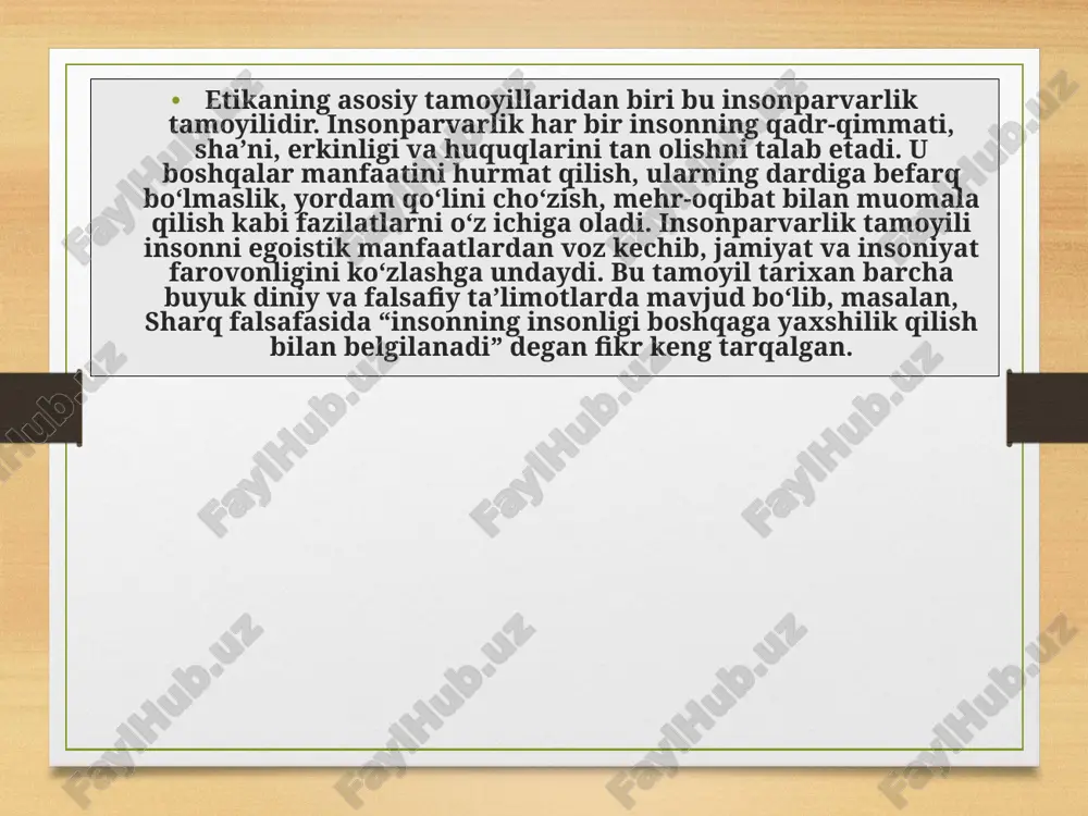 i nazardan haqiqiy baxt bu nafaqat moddiy farovonlik, balki ma’naviy qoniqish, ichki tinchlik, ezgulik qilishdan olinadigan ruhiy zavqdir. aristotel “baxt — bu fazilatli hayot kechirishdir” degan. shunday ekan, etikada baxt — bu axloqiy hayotning natijasidir. erkinlik kategoriyasi ham etik tizimda muhim o‘rin tutadi. inson erkin bo‘lmasa, u axloqiy tanlov qilolmaydi. biroq erkinlik mas’uliyat bilan uyg‘un bo‘lishi zarur, aks holda u o‘zbo‘lishlikka olib keladi. haqiqiy erkinlik bu ongli tanlov, o‘z xatti-harakatlari uchun javob bera olishdir. muhabbat esa eng yuksak etik qadriyatlardan biridir. muhabbat faqat romantik tuyg‘u emas, balki insonparvarlik, do‘stlik, ota-ona mehrini ham o‘z ichiga oladi. muhabbatsiz insoniyat yashay olmaydi, chunki muhabbat insonni ezgulikka, rahm-shafqatga, bag‘rikenglikka undaydi. etika nafaqat individual, balki ijtimoiy hayot uchun ham muhimdir. jamiyatda axloqiy tamoyillar va etik qadriyatlar mavjud bo‘lmasa, u beqarorlik va ishonchsizlik muhitiga aylanadi. shuning uchun davlat va jamiyat darajasida axloqiy me’yorlarni mustahkamlash, yoshlarni etik ruhda tarbiyalash katta ahamiyatga ega. bu borada ta’lim tizimining roli …