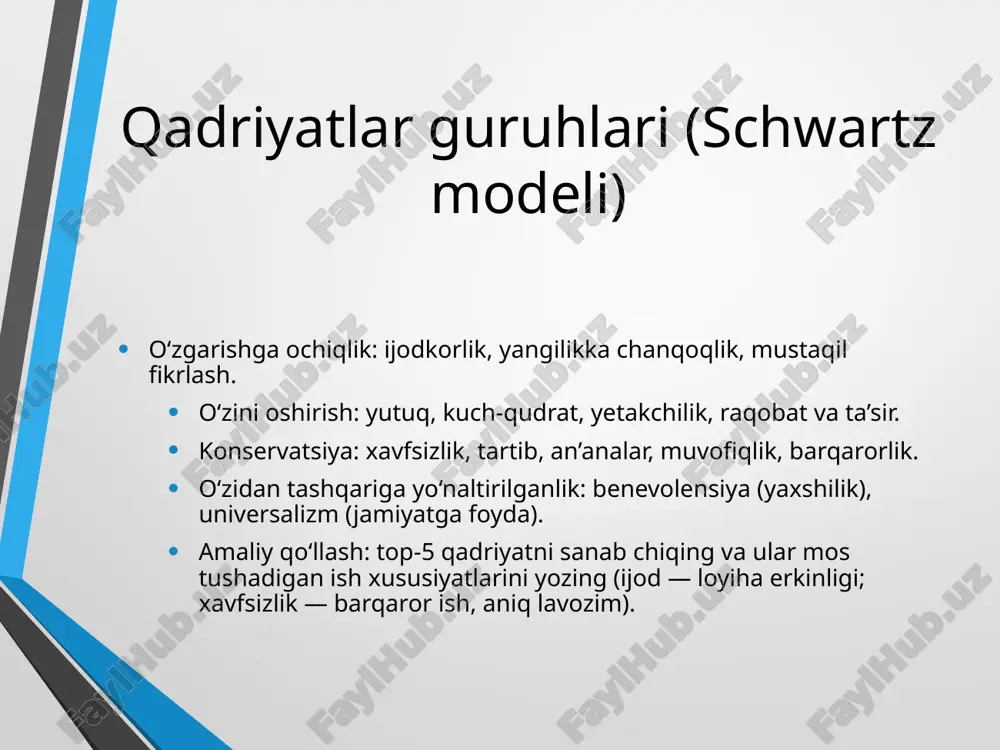 tatsiyalar, kod/ma’lumotlar havolalari. star usuli: situation–task–action–result bo‘yicha 3–5 ish namunasi yozuvini tayyorlang. qadriyatlar izohi: har bir loyiha qay qadriyatni ifodalaganini 1–2 jumlada ko‘rsating. ish beruvchi qadriyatlar-moslik dalillarini so‘rashi mumkin. case study: moslik asosida yo‘nalish tanlash vaziyat: a. ismli talaba uchun top-5 qadriyat — ijod, mustaqillik, foyda, o‘sish, ijtimoiy ta’sir. variantlar: grafik dizayn (frilans), marketing (agentlik), ijtimoiy loyiha menejmenti (nnt). baholash: frilans — yuqori mustaqillik va ijod; agentlik — o‘sish va jamoa; nnt — ijtimoiy ta’sir va ma’no. tanlov: 6 oy agentlikda stajirovka + paralel frilans portfel; 9-oyda qayta baholash. real hayotga yaqin, lekin generalizatsiya qilingan misol. xatoliklar, tavsiyalar va xulosa keng tarqalgan xatolar: faqat maoshni mezon qilish; boshqalarning bosimi ostida tanlash; test natijalarini mutlaq haqiqat deb qabul qilish. tavsiyalar: qadriyatlar–kasb mosligini bir necha manbada tekshirish; qisqa tajribalar (stajirovka); mentorlik. xulosa: barqaror motivatsiya va kasbiy qoniqish — qadriyatlar va ish muhitining uyg‘unligidan boshlanadi. rejangizni 3 oyda bir yangilang. yakuniy topshiriq: top-5 …