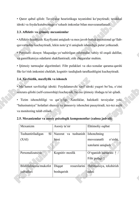 ngan) tavsiyalar o‘rganish trayektoriyasini individuallashtiradi, kognitiv yukni optimallashtiradi va xotiraning uzoq muddatli konsolidatsiyasini qo‘llab-quvvatlaydi. • intellektual yordamchilar (masalan, yozish, tarjima, kodlash) metakognitiv ko‘nikmalarni — rejalash, monitoring, baholash — rivojlantirishga xizmat qiladi. • vizual va ko‘p modalitetli interfeyslar murakkab tushunchalarni qabul qilishni osonlashtiradi. 1.2. emotsional salomatlik va psixologik qo‘llab-quvvatlash • emotsional aniqlash va javob qaytarish (affektiv hisoblash) orqali darhol psixologik yordam, o‘z-o‘zini regulyatsiya qilish bo‘yicha maslahatlar hamda stressni kamaytirish protokollarini taqdim etish imkoniyati. • anonim muloqot kanali orqali stigma kamayadi, dastlabki psixologik yordamga murojaat qilish to‘siqlari pasayadi. 1.3. ijtimoiy aloqadorlik va inklyuziya • nutq, eshitish yoki ko‘rishida cheklovi bor shaxslar uchun yordamchi texnologiyalar ijtimoiy ishtirokni kengaytiradi. • onlayn hamjamiyatlar va ta’lim platformalarida teng imkoniyatlar yaratish, masofaviy hamkorlikni kuchaytirish. 1.4. ish unumdorligi va qaror sifatini oshirish • data-analitika va tushuntiriladigan tavsiyalar tufayli qarorlar asosliroq bo‘ladi, xatolar erta aniqlanadi. • rutin vazifalarni avtomatlashtirish diqqatni yuqori darajadagi ijodiy va strategik faoliyatga yo‘naltirishga yordam beradi. …