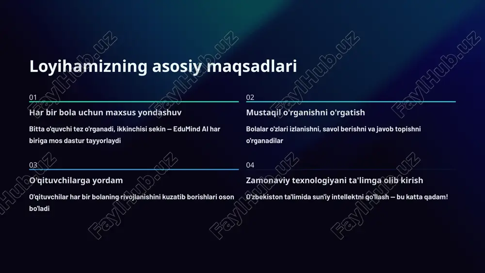 mumkin qiziqarli o'yin elementlari bilan o'rganish zerikmas va zavqli bo'ladi o'zbek tilida ona tilimizda tushunish va o'rganish yanada oson maktablarga qanday yordam beradi? o'qituvchilar uchun monitoring paneli o'qituvchilar maxsus panelda quyidagilarni ko'radilar: har bir o'quvchining haftlik faolligi qaysi mavzularda qiyinchilik borligini kimga qo'shimcha e'tibor berish kerakligini sinfning umumiy o'sish dinamikasini bu o'qituvchiga vaqt tejash va har bir bolaga individual yondashish imkonini beradi. xavfsizlik va maxfiylik 🔒 xavfsiz tizim barcha ma'lumotlar himoyalangan va shifrlangan. bolangizning ma'lumotlari xavfsizlik ostida. 👨‍👩‍👧 ota-ona nazorati ota-onalar bolaning faoliyatini kuzatib borishi va vaqtni cheklashi mumkin. ✅ toza kontent platformada faqat ta'limiy material mavjud. hech qanday keraksiz yoki zararli kontent yo'q. kelajak rejalari ko'proq fanlar ingliz tili, san'at, musiqa va boshqa fanlar qo'shiladi virtual reallik vr texnologiyasi orqali darslarni yanada jonli qilish xalqaro hamkorlik boshqa mamlakatlar bilan tajriba almashish va platformani kengaytirish sertifikatlar muvaffaqiyatli yakunlangan kurslar uchun rasmiy sertifikatlar berish edumind ai – o'rganishning yangi aql darajasi! …