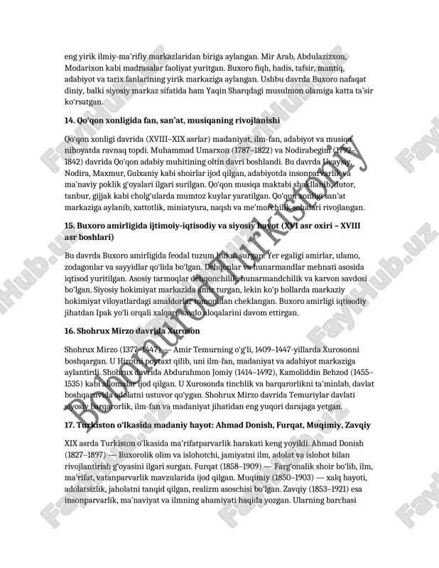 olatli taqsimlash, dehqonchilik va hunarmandchilikni rivojlantirish bo‘yicha islohotlar amalga oshirildi. qo‘qon shahrida yangi masjidlar, madrasalar va saroylar qurildi, shahar infratuzilmasi kengaydi. erdonabiy davrida qo‘qon xonligi farg‘ona vodiysida eng qudratli siyosiy kuchga aylandi, buxoro va xiva bilan diplomatik aloqalar o‘rnatildi. uning davrida madaniyat, adabiyot va musiqa sohalarida ham sezilarli yutuqlar kuzatildi. 12. muhammad shayboniyxon tarixiy shaxs sifatida muhammad shayboniyxon (1451–1510) — buyuk sarkarda, davlat arbobi va shoir bo‘lib, o‘zbek xonliklari tarixida muhim o‘rin egallaydi. u temuriylar davridagi siyosiy bo‘linishni barham toptirib, movarounnaxrni yagona markazlashgan davlat sifatida birlashtirdi. 1500–1505-yillarda buxoro, samarqand, toshkent, xorazm va boshqa hududlarni egalladi. u o‘z davrida adolatli boshqaruv, ilm va dinni rivojlantirishni maqsad qilgan. shayboniyxon adabiyot bilan ham shug‘ullangan bo‘lib, “devon” nomli she’riy to‘plam muallifi hisoblanadi. 1510-yilda eron shohi shoh ismoil bilan marv jangida halok bo‘lgan. shayboniyxon davlatchilik va harbiy tashkilot sohasida buyuk meros qoldirdi. 13. buxoro islom dinining yaqin sharqdagi eng yirik markazlaridan biri buxoro qadimdan “qubbat …