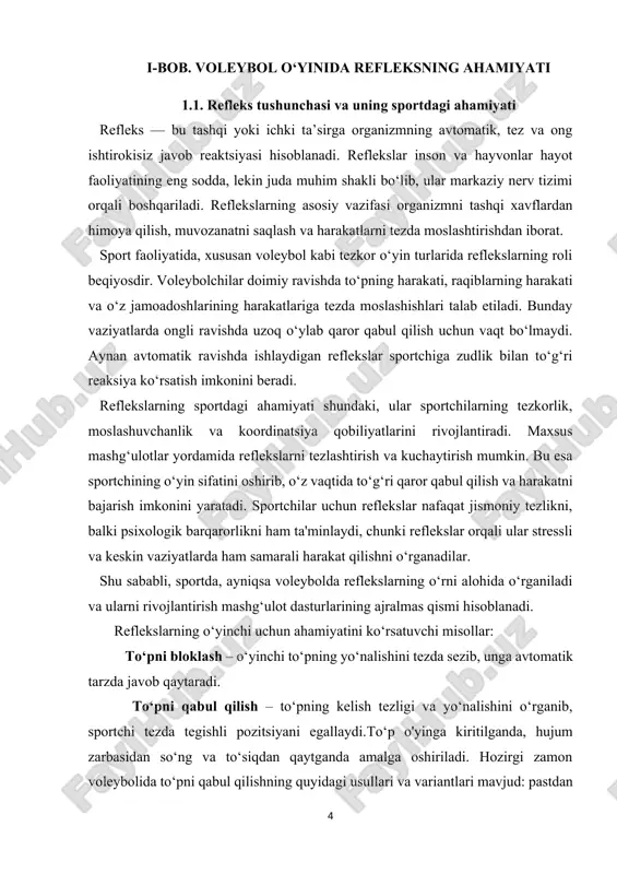 rlikni ham ta'minlaydi, chunki reflekslar orqali ular stressli va keskin vaziyatlarda ham samarali harakat qilishni o‘rganadilar. shu sababli, sportda, ayniqsa voleybolda reflekslarning o‘rni alohida o‘rganiladi va ularni rivojlantirish mashg‘ulot dasturlarining ajralmas qismi hisoblanadi. reflekslarning o‘yinchi uchun ahamiyatini ko‘rsatuvchi misollar: to‘pni bloklash – o‘yinchi to‘pning yo‘nalishini tezda sezib, unga avtomatik tarzda javob qaytaradi. to‘pni qabul qilish – to‘pning kelish tezligi va yo‘nalishini o‘rganib, sportchi tezda tegishli pozitsiyani egallaydi.to‘p o'yinga kiritilganda, hujum zarbasidan so‘ng va to‘siqdan qaytganda amalga oshiriladi. hozirgi zamon voleybolida to‘pni qabul qilishning quyidagi usullari va variantlari mavjud: pastdan ikki qo'llab (juda kam hollarda bir qo‘l bilan); yuqoridan ikki qo‘llab; son qismi bilan va orqaga dumalab bir qo‘llab pastdan; oldinga ko‘krak-qorin qismlari bilan yiqilgan holda bir qo'llab pastdan. o'yinga kiritilgan to'pni sifatli qabul qilish hujum harakatlarining qanchalik samarali bo'lishini belgilaydi. o‘yinga kiritilgan to'pni qabul qilishning eng ko'p tarqalgan va samarali shakli bu to'pni ikki qo'llab pastdan qabul qilishdir. oyoqlar bukilgan, …