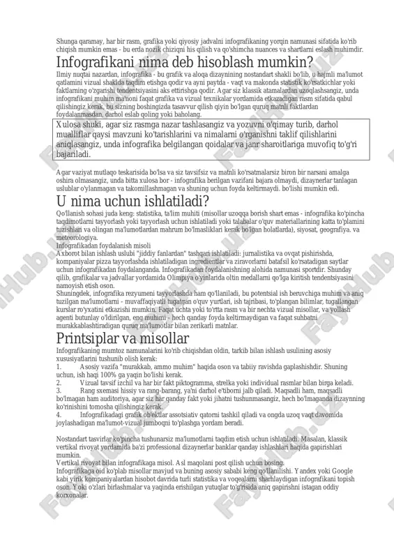 longa kerakli fotosuratlar, videolar, diagrammalar va diagrammalarni qo'shishingiz mumkin. siz tarkibidagi excel hujjatiga o'xshash jadvalda ma'lumotlarni tahrir qilishingiz kerak bo'ladi. uning paydo bo'lishi uchun grafik maydoniga ikki marta bosing. infografika - bu texnik jihatdan murakkab ma'lumotlarni, shuningdek ma'lumotlar, bilimlar va statistik hisob- kitoblarni vizual formatda - vizualizatsiyalashning umumiy vositalaridan foydalangan holda: grafikalar, jadvallar, jadvallar va ko'rsatmalar yordamida taqdim etishning progressiv usuli. infografika geografiya va jurnalistika, matematika va reklama, shuningdek oshpazlik va hatto siyosatda keng qo'llaniladi. shunga qaramay, har bir rasm, grafika yoki qiyosiy jadvalni infografikaning yorqin namunasi sifatida ko'rib chiqish mumkin emas - bu erda nozik chiziqni his qilish va qo'shimcha nuances va shartlarni eslash muhimdir. infografikani nima deb hisoblash mumkin? ilmiy nuqtai nazardan, infografika - bu grafik va aloqa dizaynining nostandart shakli bo'lib, u hajmli ma'lumot qatlamini vizual shaklda taqdim etishga qodir va ayni paytda - vaqt va makonda statistik ko'rsatkichlar yoki faktlarning o'zgarishi tendentsiyasini aks ettirishga qodir. agar …
