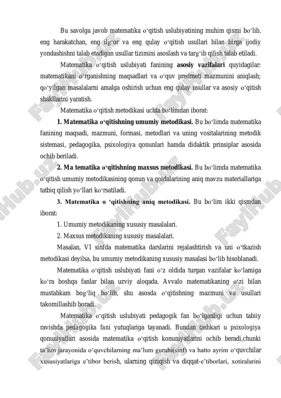 i, pedagogika, psixologiya qonunlari hamda didaktik prinsiplar asosida ochib beriladi. 2. ma tematika o‘qitishning maxsus metodikasi. bu bo‘limda matematika o‘qitish umumiy metodikasining qonun va qoidalarining aniq mavzu materiallariga tatbiq qilish yo‘llari ko‘rsatiladi. 3. matematika o ‘qitishning aniq metodikasi. bu bo‘lim ikki qismdan iborat: 1. umumiy metodikaning xususiy masalalari. 2. maxsus metodikaning xususiy masalalari. masalan, vi sinfda matematika darslarini rejalashtirish va uni o‘tkazish metodikasi deyilsa, bu umumiy metodikaning xususiy masalasi bo‘lib hisoblanadi. matematika o‘qitish uslubiyati fani o‘z oldida turgan vazifalar ko‘lamiga ko‘ra boshqa fanlar bilan uzviy aloqada. avvalo matematikaning o‘zi bilan mustahkam bog‘liq bo‘lib, shu asosda o‘qitishning mazmuni va usullari takomillashib boradi. matematika o‘qitish uslubiyati pedagogik fan bo‘lganligi uchun tabiiy ravishda pedagogika fani yutuqlariga tayanadi. bundan tashkari u psixologiya qonuniyatlari asosida matematika o‘qitish konuniyatlarini ochib beradi,chunki ta’lim jarayonida o‘quvchilarning ma’lum guruhi(sinf) va hatto ayrim o‘quvchilar xususiyatlariga e’tibor berish, ularning qiziqish va diqqat-e’tiborlari, xotiralarini hisobga olish, o‘zlashtirish bosqichlari, aql, xulqi xususiyatlari va …