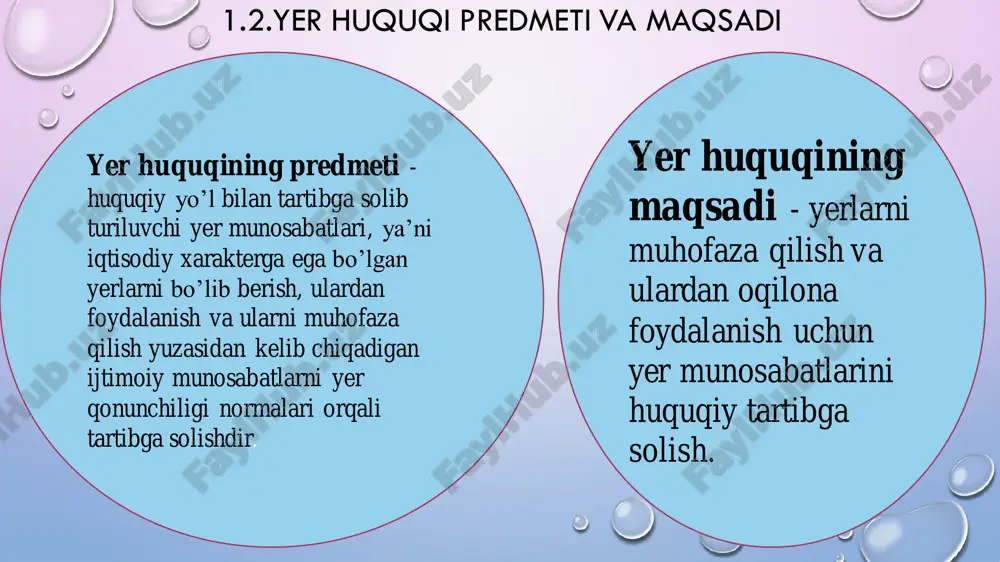 qi - m.r.mirzaabdullaeva, m.a.muqumov, z.x.xafizova. toshkent - 2016 qo’shimcha adabiyotlar: 1. m.b.usmonov va bosh. «yer huquqi». –t.: tdyui, 2002. –b.380 2. b.usmonov «yer huquqi» // o’quv qo’llanma.-t.: 2004. –b.25 3. t.f.radostina, z.x.unarova zemelnoye pravo // uch. metodicheskoye posobiye. – t.: 2004. –s.26 e’tiboringiz uchun rahmat slide 1: 1-mavzu : yer huquqi tushunchasini o’rganish va yer huquqining manbalarini o’rganish. slide 2 slide 3: 1.1. yer huquqi tushunchasi. slide 4: 1.2.yer huquqi predmeti va maqsadi slide 5 slide 6 slide 7 slide 8 slide 9 slide 10 slide 11 slide 12: mavzu yuzasidan savollar slide 13 slide 14