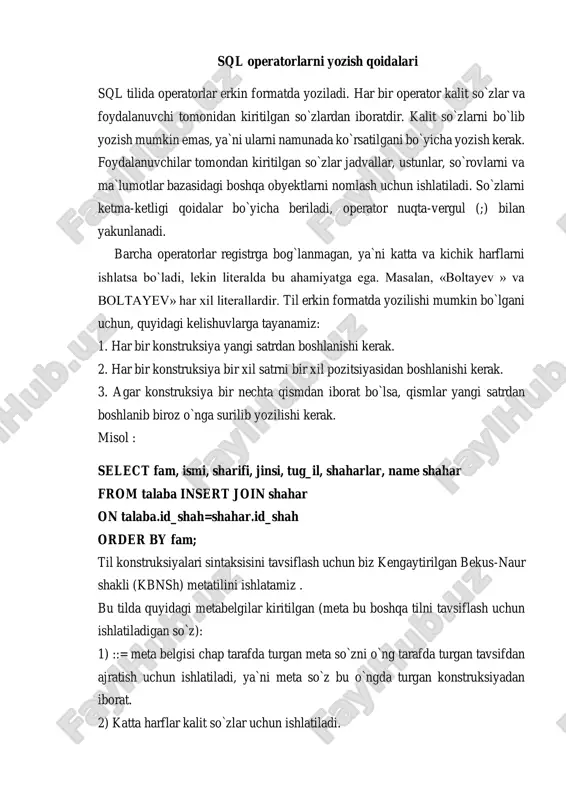 k harflar foydalanuvchi kiritgan so`zlar uchun ishlatiladi. 4) vertikal belgisi | bir nechta variantlardan birini tanlash kerakligini bildiradi (a | b | c). 5) figurali qavslar { } ichidagi element majburiyligini bildiradi. 6) kvadrat qavslar [ ] ichidagi element shart emasligini bildiradi. 7) kvadrat qavslardagi vergul va 3 nuqta belgisi [, . . .] bundan oldin turgan element nol, bir yoki bir necha marta qaytarilishi mumkinligini bildiradi. 8) burchak qavslar konstruksiya elementlarini belgilash (meta so`zlar) uchun ishlatiladi. 9) probel belgisi operatorlar shaklini qulay ko`rsatish uchun ishlatiladi. 10) vergul belgisi elementni ro`yxatda berish uchun ishlatiladi. 11) nuqta-vergul belgisi operator tamom bo`lishini bildiradi. ma`lumotlar bazasi turkumini (jadvallar va bog`liqliklar) tafsiflash uchun ddl tili ishlatiladi, bazani to`ldirish va undan ma`lumot olish uchun dml tili qo`llanadi. lekin barcha mblarida jadvallarni yaratish, tavsiflash va o`zaro bog`lash uchun «master» (usta) deb nomlangan maxsus programma vositasi bor, shu sababli ddl tili amalda kamdan-kam ishlatiladi. shuning uchun biz …