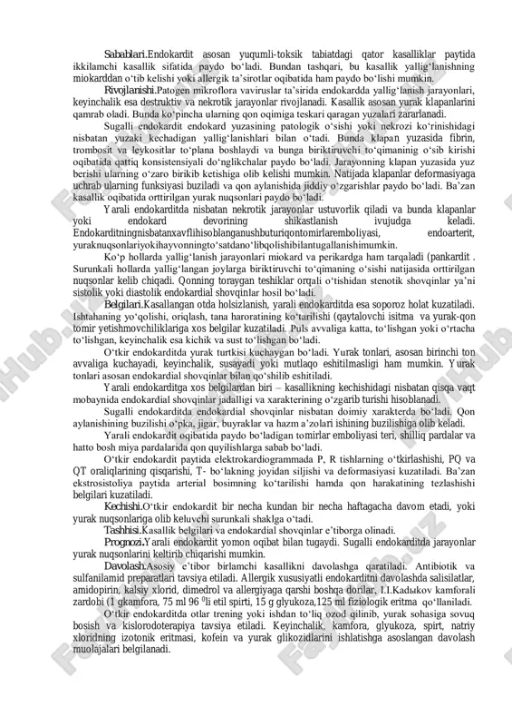 . kasallik yurakning falaji oqibatidagi o‘lim yoki miokardiofibroz bilan tugallanadi. tashhisi. belgilari va ekg natijalari e’tiborga olinadi. 5 daqiqa yugurtirilib pulsni aniqlash orqali o‘tkazilgan funksional sinamada 2-5 daqiqadan keyin ham pulsning tezlashishi davom etadi. qiyosiy tashhisda perikardit, endokardit va miokardozdan farqlanadi. prognozi. ertachi va samarali davolash natijasida hayvon sog‘ayib ketishi mumkin. ko‘p hollarda kasallik ulim bilan tugaydi yoki miokardiodegeneratsiya, miokardiofibroz, miokardioskleroz kabi asoratlarrivojlanadi. hayvonningn mahsuldorlik va ish qobiliyati yo‘qoladi. davolash. kasal hayvonga to‘liq dam beriladi unga salqin va shovqinsiz joy sharoiti yaratiladi. yurak sohasiga rezina qopcha yordamida sovuq suv bosiladi. katta hayvonlarga 80- 100 l miqdorida, kichik hayvonlarga 10-15 l kislorod ingalyasiya qilinadi yoki teri ostiga (6-10, 0,5-1 l kislorod yuboriladi. allergiyaga qarshi vositalardan qoramollarga 15-75 g, otlarga 10-15 g, mayda hayvonlarga 5-10 g, itlarga 0,2-2 g dan natriy salitsilat beriladi yoki vena qon tomiri orqali katta hayvonlarga 150-400, mayda hayvonlarga 20-30 ml dan 10 % li kalsiy xlorid eritmasidan …