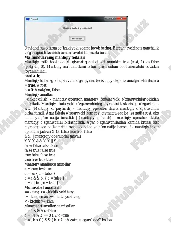 case : ; break; case : ; break; [default : operator n + 1]; } tanlash operatorida boshqarilish o`zgaruvchiga mos ravishda qiymatlarga uzatiladi va mos operator ishga tushadi. default operatori birorta ham qiymat o`zgaruvchiga to`g`ri kelmasa ishlatiladi. default operatorini ishlatmasdan tashlab ketish ham mumkin. eslatma: dasturlashga doir kitoblarni o`qiganingizda, biror operatorning umumiy ko'rinishining to'rtburchak qavs [ ] belgisi oralig'ida yozilgan qismini ishlatmasdan tashlab ketish mumkin. operatorning bu qismidan foydalanish ixtiyoriy bo`ladi. misol: kiritilgan songa mos ravishda hafta kunini chiqaruvchi programma tuzilsin. borland c++ builder da dasturu: void __fastcall tform1::button1click(tobject *sender) { int n; n=strtofloat(edit1->text); switch (n) { case 1: label3->caption=("dushanba"); break; case 2: label3->caption=("seshanba"); break; case 3: label3->caption=("chorshanba"); break; case 4: label3->caption=("payshanba"); break; case 5: label3->caption=("juma"); break; case 6: label3->caption=("shanba"); break; case 7: label3->caption=("yakshanba"); break; default: label3->caption=("bunday hafta kuni yo'q"); } natija: tanlash operatorida bir nechta qiymatga bir hil operator ishlatishi quyidagicha bo'ladi. borland c++ builder da dasturu: void __fastcall …