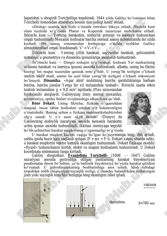 i ham borligini kashf etadi, uning bu trubasi 30 karra kattalashtirishga ega edi. u quyosh dog’larining o’zgarib turishini qayd etib, bu o’zgarish quyoshning o’z o’qi atrofida aylana bo’ylab harakati natijasi deb tushuntiradi. galileyning olam tuzilishi to’g’risidagi nazariyasi kopernik va dj. bruno nazariyasi to’g’ri ekanligini isbotlab berib, cherkov xizmatchilarining qahr va g’azabiga duchor bo’ladi. 1631 yilda birinchi marta galiley ustidan cherkov hukmi e’lon qilinadi va uning ilmiy natijalari xavfli deb ta’qiqlab qo’yiladi. 1632 yilda uning «diolog» nomli asari chiqadi, ushbu asarida u ptolemey sistemasining noto’g’ri ekanligini va kopernik nazariyasi haqiqatga yaqin ekanligini savol va javob shaklida bayon etadi. galiley harakatniing nisbiylik prinsipini kashf etadi. u ptolemeyning yer olamning markazi va tinch turadi degan fikrini, hamda kopernikning quyosh olamning markazi va u harakatsiz tinch turadi degan fikrini ham rad etadi. uning bu fikrlari cherkov xodimlarining g’azabini keltiradi va 1632 yilda rim papasi uni sudga chaqiradi. kasalmand galileyni 1633 yilda zambilda rimga olib …