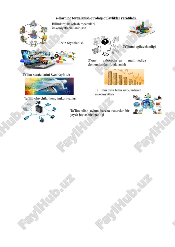 tron ta’limga kuyidagilar mansub: ✓ shaxsiy kompyuterlar, smartfonlar, planshetlar, dvd, televizor va boshqalar orqaliy elektron resurslar orqali mustaqil ta’lim olish; ✓ kaysi xududda joylashganidan qattiy nazar mutahassisning (professor-o‘qituvchi) masofadan turib o‘zaro yordami, maslahatlari, baholar olish imkoniyati; ✓ ijtimoiy tarmoqlarda vertual o‘quv faoliyati bilan shug‘illanayotgan mutaxassislar uyushmalarini tashkil etish; ✓ o‘quv materillarni, standarlar, elektron ta’lim tehnologiyalarini holagan vaqtda olish imkoniyati; ✓ ta’lim muassasalarida raxbarlarida, bo‘limlarida zamonaviy axborot komunikatsion-texnologiyalar madaniyati shakllantirish va yuksaltirish, ish faoliyati samaradorligini oshirish erishish; ✓ innovatsion pedagogik texnologiyalarni professor-o‘qituvchilar tomonidan o‘zlashtirish va ommalashtirishga erishish; ✓ o‘quv veb-resrularni modernizatsiya qilish imkoniyati; ✓ xolagan vaqtda, holagan joyda va dunyoning holagan nuqtasida kerakli bilimlarni olish imkoniyati; ✓ oliy ta’limni olishda imkoniyati cheklangan shaxlar foydalanish kulayligi. e-learning foydalanish quydagi qulayliklar yaratiladi. erkin foydalanish ta’lim xarajatlarini kamaytirish ta’limni egiluvchanligi ta’limni davr bilan rivojlantirish imkoniyatlari ta’lim oluvchilar keng imkoniyatlari bilimlarni baxolash mezonlari imkoniyatlarini aniqlash ta’lim olish uchun barcha resurslar bir joyda joylashtirilganligi o’quv axborotlariga …