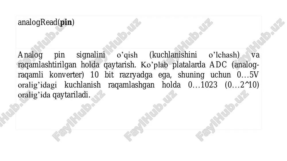 //yana bir misol: switch (val){ case 1: case 2: case 3: case 4: // “agar val = 1, 2, 3 yoki 4 bo’lsa kod bajarilsin” // kod break; case 5: // “agar val = 5 bo’lsa kod bajarilsin” // kod break; } #if, #elif, #else, #endif • preprotsessorga kodning ma’um qismini shart asosida qo’shib olish yoki chqarib tashlash ko’rsatmasi operatori: #define test 1 // 1 qiymatini test sifatida belgilab olamiz #if (test == 1) // “agar test 1 ga teng bo’lsa” #define value 10 // “10 qiymatini value sifatida belgilab olinsin” #elif (test == 0) // “aksincha, agar test 0 ga teng bo’lsa, “ #define value 20 //”20 qiymatini value sifatida belgilab olinsin” #else // “aksincha” #define value 30 // “30 qiymatini value sifatida belgilab olinsin” #endif // “shart oxiri” misol: #define debug 1 void setup() { #if (debug == 1) serial.begin(9600); serial.println(“hello!”); #endif } #ifdef, #ifndef • preprotsessorga kodning …