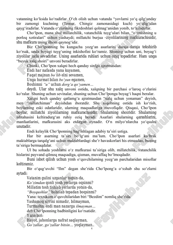 ming qabat ko„klarda yuradi. u yerda “husni mutlaq”ni (bu so„z mistisizm atamasidir) axtaradi, har haqiqatni xayol ko„zi bilan ko„radi. shundan zavq oladi. bu haqiqatni o„ziga so„ylasangiz tezda sizga shoirona bir xitob bilan, hech tortinmasdan “yanglishasiz!” deydir va: siz deysizkim, men ko„klarni o„ylaymen, yer betiga sira nazar solmaymen! yanglishasiz: men ko„klarga berkingan yer qizidan xayolimni olmaymen… deb, uzuңdan-uzoq falsafa sotmoqqa boshlaydi. yana undan “yer qizi” nima deb so„rasangiz “g„oyai a‟molim – idyeyalim” deb javob beradi. ko„klarda “jinnilarcha hovliqib” yurishda ba‟zan charchaydi, faqat yerga tushkisi kelmaydi; undan lazzat olmaydi. mabodo, allaqaytib yerga tushgundek bo„lsa o„zini haqoratlar, safolatlar, tubanliklar ichida his etadi. ko„nglining kishanlar bilan bog„lang„anini ko„radi. tezda ko„ngliga xitoban: ko„ngil! sen munchalar nega kishanlar birla do„stlashding? ………………………………….. deb yerda yurishdan chidami tugaydi-da, “bas endi!” deydi. yetar bas, chekdan oshqandir, bu qarg„ish, bu haqoratlar… na‟masini o„qib ko„kka uchadi. yerga tushgan onlarida juda qattiq millatchi bo„lib ketadi. chunki bu safolatga, tubanlikka sabab bo„luvchi ajnabiylarni …