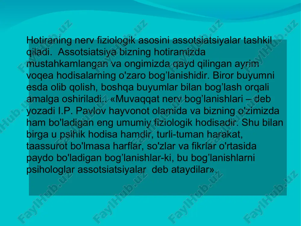 ali idrok qilish hamda esda olib qolish egallash yoki o'zlashtirish zarur bo'lgan materiallarni ko'rib idrok qilish materiallarni harakat yordamida va eshitish orqali idrok idrok qilish hamda esda olib qolish aralash holatda esda olib qolish, eshitish, ko'rish, harakat kabilar orqali idrok qilish va esda olib qolish yoki bir nechta ta'sir etuvchilar yordamida aks ettirish esda olib qolish jarayoni deganda sezgi, idrok, tafakkur, ichki kechinmalarni hotirada saqlanish hususiyati tushuniladi. esga tushirish -o'tmishda idrok qilingan narsalar, his-tuyg`u, fikr va ish-harakatlarning ongimizda qaytadan tiklanishiga aytiladi. esga tushirishning nerv-fiziologik asoslari bosh miya po'stida ilgari hosil bo'lgan nerv bog`lanishlarning qo'zg’alishidir. tanish- ilgari idrok qilingan narsa va hodisalarni takror idrok qilish natijasida u yoki bu hodisani esga tushirishdir eslash- narsa va hodisalarni, uni ayni paytda idrok qilmay esga tushirishdir. bevosita eslash- tushirish materialni idrok qilish ketidanoq esga tushirishdan iborat. vaqt o'tkazib eslash- esda olib qolingan narsani oradan bir qancha vaqt o'tkazib esga tushirishdirki, bunda shu orada ongimizda …