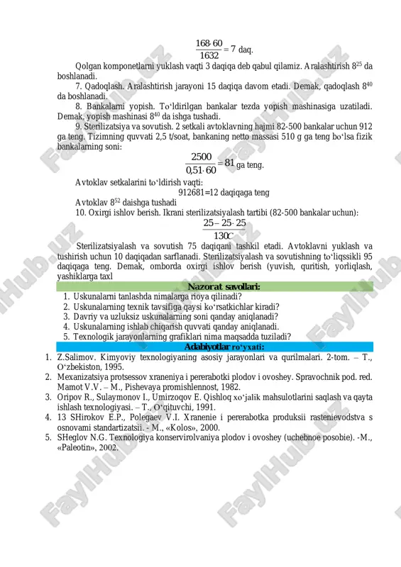 katlanish vaqti: 6,015,0 60 6 == daq. 2. tozalash, saralash. bu operatsiyalar transportyorda o‘tkaziladi. uning uzunligi 6- 8 m, tezligi 0,1-0,15 m/soniya. harakatlanish vaqti: 3,11,0 60 8 == daq. 3. kesish. kesish mashinasidan kesilgan baqlajon birdaniga chiqa boshlaydi. 4. qovurish. qovurish qozonga xom ashyo uzluksiz tushiriladi va kesish mashinasi bilan birga qo‘shiladi. shunday qilib, 1-4 operatsiyalar soat 8 da boshlanishi mumkin. sabzavotlarni qovurish va yog‘larni oqizish vaqti 10-15 daq. davom etadi. 5. maydalash. maydalashga xom ashyo soat 815 da kelib tushadi. 6. komponentlarni aralashtirish. bu operatsiya davriy uskunalarda o‘tkaziladi. aralashtirgichning hajmi 300 kg, ishchi hajmi butun hajmining 80% ini tashkil etadi. maydalangan baqlajon ikra massasining 70% ini tashkil etadi demak aralashtirgichga birdaniga 300x0,8x0,7=168 kg baqlajon tushiriladi. 1 t ikra uchun 1187 kg baqlajon sarflanadi. tizimning quvvati 2,5 t/soat. chiqindilar va yo‘qotishlar 45% ni tashkil etadi. shunday qilib, aralashtirgichga kelib tushadigan sabzavotlar mikdori quyidagicha aniqlanadi: ./1632 100 )45100(5,21187 soatkg= − xom …