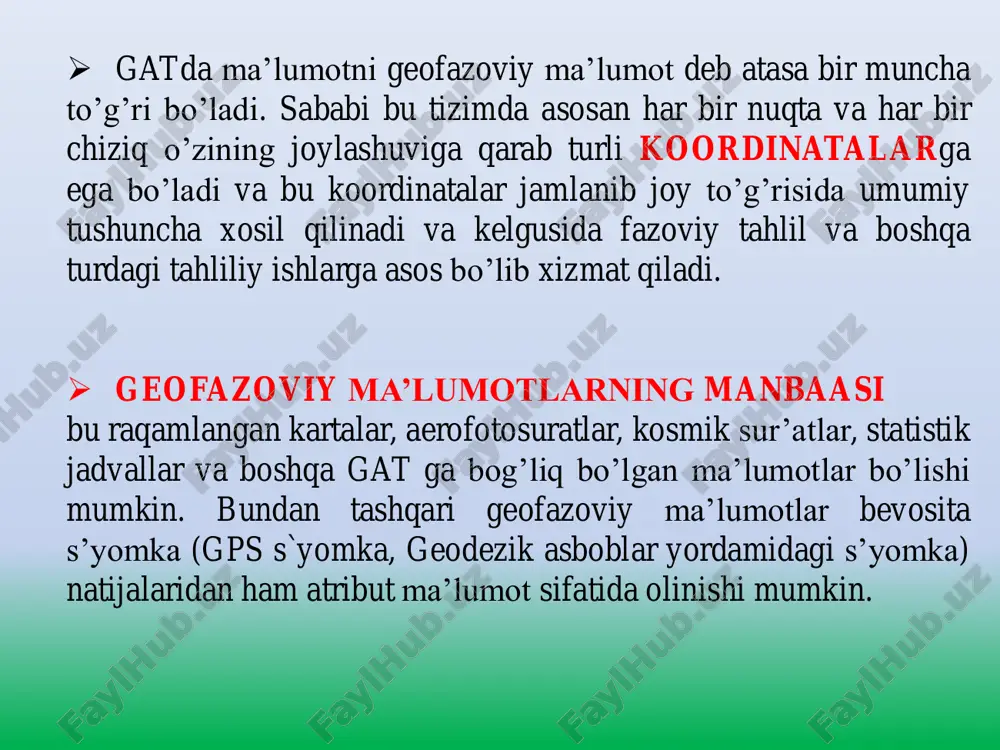 tasodifiy joylashgan nuqtalar bo’lsa bunda har xil turdagi chiziqlar qo’llaniladi. bu usulda asosiy birlik bu uchburchaklardir. bizga ma`lumki uchburchak o’zida uchta chiziqni birlashtirib uchta tugun (node) ni xosil qiladi. har bir uchburchak o’sha uchchala nuqtaning koordinatlarilari orqali ifodalanadi. har bir uchburchak boshqa jadvallarda ham o’zaro bog’liq attributlarga ega bo’lishi mumkin ko’ndalang kesmalar orqali. bunda har bir ko’ndalang kesma berilgan yoy yoki to’g’ri chiziq bo’ylab perpendikulyar ravishda bir hil masofada joylashtirilib chiqiladi. agar berilgan yuza to’g’ri chiziqdan iborat bo’lsa unda grid nuqtalar yordamida interpolyatsiya usuli orqali balandliklar topiladi. agar berilgan yuza yoy chiziqlardan iborat bo’lsa u holda tin orqali balandliklar topiladi. reja 1. geografik va atributiv ma'lumotlar. 2. gat da ma'lumotlar modellari. 3. geokodlash geokodlash atamasi gatda manzillarini kenglik va uzoqlik yoki boshqa o’xshash koordinata tizimiga o’zgartirish jarayonida qo’llaniladi. geokodlashning yana bir nomi bu georeferentslashdir. geokodlashning muhim talablaridan biri bu obyekt va jadval orqali bog’langan ma’lumotlar yagona bo’lishi zarur va shu …