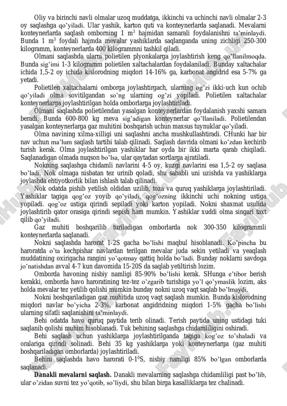 dringni kun bo’yi terish mumkin. u yashiklarda yoki maxsus savatlarda tashiladi. saralash va joylash ehtiyotlik bilan salqin binolarda o’tkaziladi. bodringni saqlashda havo haroratini pasaytirish tavsiya etilmaydi. past haroratda bodringda kechadigan fiziologik jarayonlar buziladi va natijada uning sifati pasayadi. bodringni polietilen qoplarga solib saqlash yaxshi natija beradi. uzum, meva, rezavor meva va sabzavotlarni tashish va saqlashda turli qutilardan foydalanish. olmaning saqlashga chidamliligi uni saqlashda pishib yetilish xususiyati bilan aniqlanadi. olmaning ertapishar navlari kam muddatga, kechki navlari esa 7-8 oygacha saqlanishi mumkin. olma saqlash uchun yashiklarga joylashtiriladi. bunda olma qog’ozga o’ralsa yaxshi saqlanadi. olma yashiklarga joylashtirilganda ular orasiga qog’oz yoki qirindi solinsa ham bo’ladi. yashiklar omborga devor tomondan 25-30 sm, yashiklar orasida ikki metrli yo’l qoldirilib joylashtiriladi. bir taxda 7-8 ta yashik bo’ladi. eng yuqoridagi yashik bilan ombor shipining orasida 50-60 sm qolishi kerak. olma solingan yashiklar taxlarga shaxmat usulida uchtadan va juft-juft qilib joylashtiriladi. taxlarga navi, sorti, sifati, katta-kichikligi bir xil …
