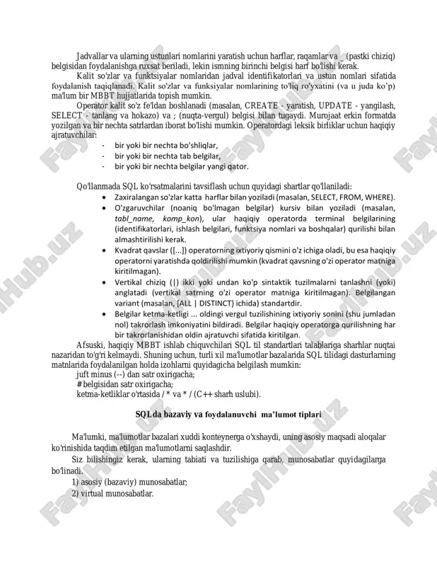 u darajaning xususiyatlari biroz kengaytirildi. sql92 standarti qabul qilingandan so'ng, unga yana bir nechta hujjatlar qo'shildi, bu tilning funktsional imkoniyatlarini kengaytirdi. shunday qilib, 1995 yilda sql / cli (call level interface) standarti qabul qilindi, keyinchalik cli95 deb o'zgartirildi. keyingi yili psm-96 deb nomlangan sql / psm (doimiy saqlangan modullar) standarti qabul qilindi. keyingi standart sql: 1999 (sql3) edi. hozirgi vaqtda 2003 yilda qabul qilingan standart (sql: 2003) keyinchalik kiritilgan kichik o'zgarishlar bilan (sql: 2008) kuchga kiradi. sql tilining operatorlar guruhi. sql tilining o'zi operatorlar, iboralar va hisoblangan funktsiyalardan iborat. odatda operatorlar tomonidan ishlatiladigan zariralangan so'zlar odatda katta harflar bilan yoziladi. ularni kichik harflar bilan emas, balki katta harf bilan yozish xatoga olib kelmaydi. operatorlar quyidagi guruhlarga bo'lingan: 1. ma'lumotni aniqlash operatorlari (data definition language, ddl) iboralari:  create ma'lumotlar bazasi obyekti yaratadi (ma'lumotlar bazasi, jadval, ko'rinish, foydalanuvchi va boshqalar).  alter obyektni o'zgartiradi  drop obyektni olib tashlaydi 2. ma'lumotlar …