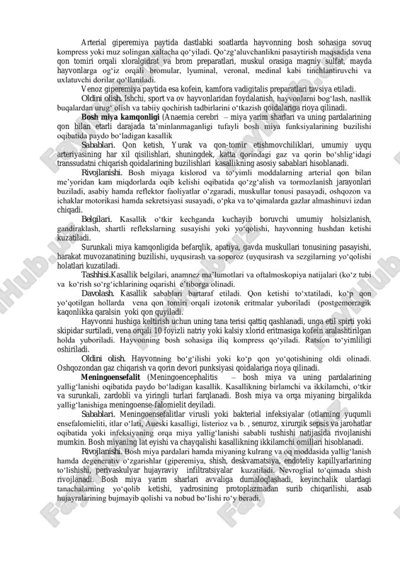 i ichki bosimi oshadi, bosh miya yarim sharlarining funksiyalari buziladi, qon tomir va nafas markazlarining falajlanishi oqibatida o‘lim kuzatilishi mumkin. belgilari. kasallik boshida umumiy holsizlanish, uncha kuchli bo‘lmagan qo‘zg‘alishlar, terlash, nafasning tezlashishi, muskullar tonusining pasayishi, gandiraklash, ba’zan tana haroratining ko‘tarilishi qayd etiladi. tashqi shilliq pardalarning ko‘karishi, pulsning tezlashishi, to‘lishmaganligi va kichik to‘lqinli bo‘lishi, yurak tonlarining kuchayishi va bo‘g‘iqlashishi, shuningdek, tezlashgan va aritmik nafas harakatlari bilan namoyon bo‘ladigan yurak qon-tomir va nafas tizimlari etishmovchiligi belgilari kuzatiladi. o‘z vaqtida va samarali davolash tadbirlari olib borilmagan paytlarda va quyosh nurlarining davomli ta’siridan komatoz holat (tashqi ta’sirotlarga butunlay befarqlik, reflekslarning yo‘qolishi, ixtiyorsiz tezaklash va siydik ajratish, yuzaki nafas, pulsning kuchsiz bo‘lishi ro‘y beradi. yurak, nafas va asab markazlarining falajlanishi oqibatida hayvonning o‘limi kuzatilishi mumkin. tashhisi.anamnez ma’lumotlari (hayvonni quyosh nuri ta’siri ostida saqlash va kasallik belgilari e’tiborga olinadi. davolash. kasal hayvon soya-salqin joyga o‘tkazilib etarli miqdordagi sovuq suv bilan ta’minlanadi va vaqti-vaqti bilan uning boshiga …