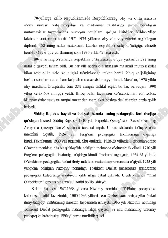 itiladigan fanlarni o‟zlashtira olmay, o‟qishni tashlab ketishga majbur bo‟lardilar. bir amallab institutni bitirib chiqqan mutaxassislarning bilim darajalari past bo‟lardi. institutlarda o‟zbek guruhlarida rus tilida dars o‟tish markazning o‟zbekistonda olib borgan ruslashtirish siyosati natijasi edi. 70-yillarga kelib respublikamizda respublikaning oliy va o‟rta maxsus o‟quv yurtlari xalq xo‟jaligi va madaniyat talablariga javob beradigan mutaxassislar tayyorlashda muayyan natijalarni qo‟lga kiritdilar. yildan-yilga talabalar soni ortib bordi. 1971-1975 yillarda oliy o‟quv yurtlarini tug‟allagan diplomli 182 ming nafar mutaxassis kadrlar respublika xalq xo‟jaligiga etkazib berildi. oliy o‟quv yurtlarining soni 1985 yilda 42 taga etdi. 80-yillarning o‟rtalarida respublika o‟rta maxsus o‟quv yurtlarida 282 ming nafar o‟quvchi ta‟lim oldi. bu har yili necha o‟n minglab malakali mutaxassislar bilan respublika xalq xo‟jaligini ta‟minlashga imkon berdi. xalq xo‟jaligining boshqa sohalari uchun ham ko‟plab mutaxassislar tayyorlandi. masalan, 1970 yilda oliy maktabni bitirganlar soni 334 mingni tashkil etgan bo‟lsa, bu raqam 1990 yilga kelib 508 mingga yetdi. biroq bular faqat son ko‟rsatkichlari …