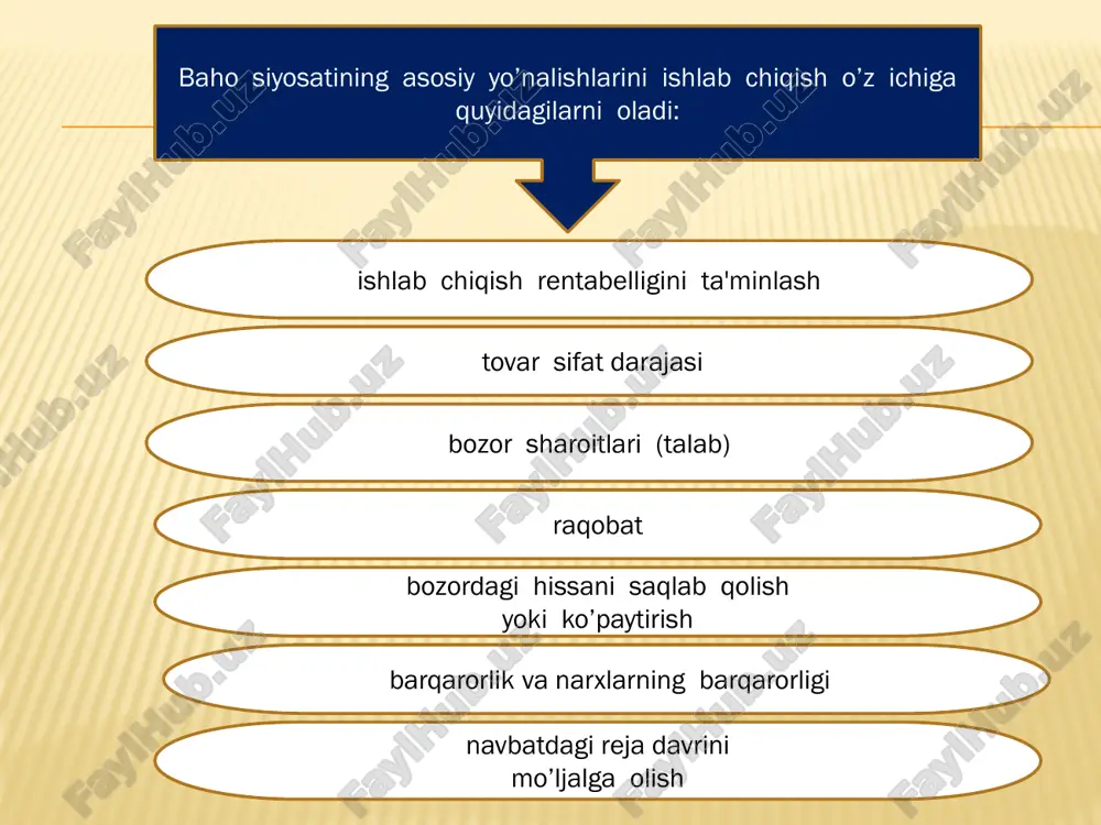 tish. yangi mahsulotni yoki sotib oluvchi talabini yuqori darajadagi samara bilan qondiruvchi takomillashgan mahsulot chiqishi firmaga ma'lum vaqt bozorda yakka hokimlik holatini ta'minlaydi. ishlab chiqaruvchilar bu holatlarda baho siyosatini, ishbilarmonlar doirasida ma'lum bo’lgan “qaymog’ini olishni” amalga oshiradilar. buning ma'nosi shundaki, korxonalar maksimal yuqori baho qo’yadilar, bu esa, o’z navbatida, daromad me'yorini birinchi bor ushbu tarmoq uchun yoki faoliyat turi uchun yuqori qilib ta'minlaydi. . harajatlarni tezda qaytarib olish. bazi bir holatlarda mahsulotning nisbatan yuqori bo’lmagan bahosi kichik korxona faoliyatini yoki uni yaratish bilan bog’liq harajatlarni tezda qaytarib olish xohishi bilan aniqlanadi. bu kabi qulay baho siyosati mahsulotning katta xajmda faol ravishda sotilishiga hisoblangani mahsulot yoki xizmatni uzoq tijorat muvaffaqiyatiga ishonchning yo’qligi evaziga kelib chiqadi. bu masala quyidagi sharoitlarda yuzaga kelishi mumkin: -bozor maydonining yoki segmentining kerakli katta miqdorda bo’lishi; -mahsulot birligining ishlab chiqarilishi to’la -to’kis ishlab chiqarishini mayda seriyaligi bilan bog’liq bo’lmaganda; -agar umumiy harajatlardan o’zgaruvchan harajatlar solishtirma oqirligi yuqori …