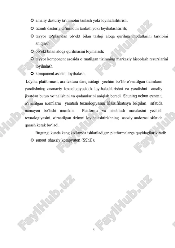 yihalashtirish;  tizimli dasturiy ta’minotni tanlash yoki loyihalashtirish;  tayyor to‘plamdan ob’ekt bilan tashqi aloqa qurilma modullarini tarkibini aniqlash;  ob’ekt bilan aloqa qurilmasini loyihalash;  tayyor komponent asosida o‘rnatilgan tizimning markaziy hisoblash resurslarini loyihalash;  komponent asosini loyihalash. loyiha platformasi, arxitektura darajasidagi yechim bo‘lib o‘rnatilgan tizimlarni yaratishning ananaviy texnologiyasidek loyihalashtirishni va yaratishni amaliy jixatdan butun yo‘nalishini va qadamlarini aniqlab beradi. shuning uchun aynan u o‘rnatilgan tizimlarni yaratish texnologiyasini klassifikatsiya belgilari sifatida namayon bo‘lishi mumkin. platforma va hisoblash masalasini yechish texnologiyasini, o‘rnatilgan tizimni loyihalashtirishning asosiy andozasi sifatida qarash kerak bo‘ladi. bugungi kunda keng ko‘lamda ishlatiladigan platformalarga quyidagilar kiradi:  sanoat shaxsiy kompyuteri (sshk);  5 dasturlanuvchi mantiqiy kontrollerlar (dmk, plc);  mobil va internet-qurilmalar (smartfonlar va planshetlar);  kontrollerli va sensorli tarmoqlar;  mikrokontrollerlar;  signal protsessorlari (dsp);  dasturlanuvchi mantiq (dasturlanuvchi mantiqiy integral sxema, pld fpga);  buyurtmali juda katta integral sxema (jkis) (asis, asip, soc, network on chip). …