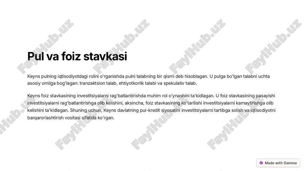 qarz olishni arzonlashtiradi, bu esa ularning ko'proq investitsiya qilishga olib keladi. https://gamma.app/?utm_source=made-with-gamma keynschi maktab va uning rivojlanishi keynsning iqtisodiy nazariyalari iqtisodchilar orasida keng tarqalgan bo'lib, keynschilik maktabini shakllantirdi. ushbu maktab keynsning asosiy g'oyalariga asoslanadi, ammo o'ziga xos talqinlar va rivojlanishlarni ham o'z ichiga oladi. keynschilik maktabining asosiy yondashuvlari quyidagilardan iborat: talabni boshqarish: keynschilik maktabi davlatning iqtisodiyotni boshqarishda faol rol o'ynashini va talabni boshqarish orqali ish bilan bandlikni oshirishni va iqtisodiy barqarorlikni ta'minlashni ta'kidlaydi. davlat xarajatlarining ahamiyati: keynschilik maktabi davlat xarajatlarini iqtisodiyotni sozlashda muhim vosita deb hisoblaydi. u davlat xarajatlarining oshishi talabni oshirishga va ish bilan bandlikni ko'paytirishga olib kelishi mumkinligini ta'kidlaydi. soliq siyosatining ta'siri: keynschilik maktabi soliq siyosatining iste'mol va investitsiyalarga ta'sirini tan oladi. u soliqlarni kamaytirish iste'mol talabini oshirishga, soliqlarni ko'paytirish esa talabni kamaytirishga olib kelishi mumkinligini ta'kidlaydi. pul-kredit siyosatining roli: keynschilik maktabi pul-kredit siyosatini investitsiyalarni tartibga solishda muhim vosita deb hisoblaydi. u foiz stavkasini pasaytirish investitsiyalarni rag'batlantirishga, foiz …