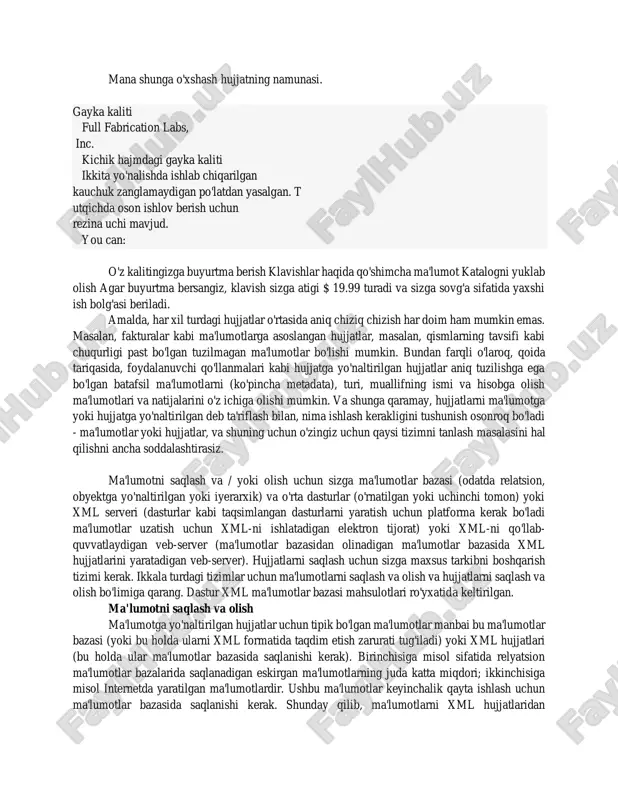 cha sahifalarda takrorlangan, har bir sahifadagi matn hajmi qat'iy ravishda cheklangan. shunday qilib, sahifani oddiy, ma'lumotlarga yo'naltirilgan xml hujjatidan qurish mumkin, bu har bir sahifaga xos bo'lgan ma'lumotlarni o'z ichiga oladi, ma'lumotlar bazasidan va stereotiplangan matnni qo'shish uchun xsl uslublar jadvalidan olinadi. umuman olganda, shablonni ma'lumotlar bazasi bilan to'ldirish orqali html hujjatlarini dinamik ravishda yaratadigan har qanday web-sayt ma'lumotlarga yo'naltirilgan xml hujjatlari va bir yoki bir nechta xsl uslublar jadvallari bilan almashtirilishi mumkin. misol sifatida, ijara shartnomasini o'z ichiga olgan quyidagi hujjatni ko'rib chiqing. abc industries mulkni uzoq muddatli ijaraga olish to'g'risida muzokaralar olib boradi 123 main st., chicago, il from xyz properties kam bo'lmagan muddatga timeunit=»months»>18 po tsene currency=»usd» timeunit=»months»>1000. u quyidagi xml hujjati va oddiy uslublar jadvalidan foydalangan holda qurilishi mumkin. abc industries 123 main st., chicago, il xyz properties 18 1000 hujjatlarga yo'naltirilgan hujjatlar qattiq tuzilishga ega emas, ma'lumotlarni qayta ishlash chuqurligida farq qilmaydi (minimal mustaqil element …