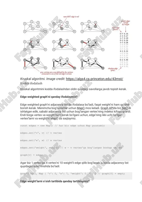 onst vertices = item[0] const edge = new map() // add vertices edge.set('v', vertices[0]) edge.set('w', vertices[1]) // add weight edge.set('weight', item[1]) if (!graph[vertices[0]]) { graph[vertices[0]] = [] } if (!graph[vertices[1]]) { graph[vertices[1]] = [] } graph[vertices[0]].push(edge) graph[vertices[1]].push(edge) }); // show mst edges console.log(kruskalmst(graph))