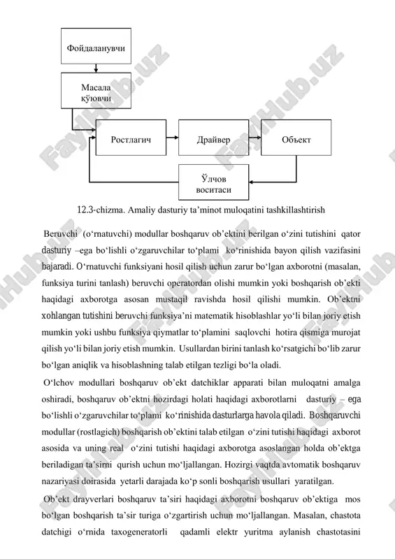 iymatini hosil qiladi (sekundda aylanish), o‘lchov vositasi chastotani hozirdagi qiymatini beruvchining o‘lchov birligida aniqlaydi, analog-raqam o‘zgartiruvchi ko‘rsatgichini sekundiga aylanish soniga hisoblashni amalga oshirib, boshqaruvchi rostlagich ob’ektga ta’sir darajasini anqlaydi (masalan, rostlagichning proporsional funksiyalarini hisoblash yo‘li bilan), drayver esa olingan ta’sir darajasini qadam dvigatelning faza o‘ramlar kommutatsiya signaliga o‘zgartiradi, rostlagichdan olingan aniqlovchi axborot chastota bilan keluvchidir. drayver va o‘lchov vositasi amaliy dasturiy ta’minotning ob’ektga-bog‘liq komponentlariga taluqlidir, beruvchi va rostlagich esa – ob’ektga-bog‘liq bo‘lmagan komponentlarga taluqlidir. boshqaruv ob’ekti o‘zgarganda ob’ekt drayverini ham shuningdek o‘zgartirish kerak bo‘ladi (bayon qilingan tizimda qadamli dvigatelni o‘zgarmas tok generatoriga almashtirishda ob’ekt drayveridan boshqarishni joriy etilishini talab etadi, masalan, keng-impulsli modulyatsiya usuli bilan). ob’ekt datchiklarini o‘zgartirilganda esa o‘lchov vositasini ham o‘zgartirish kerak bo‘ladi. 12.3. instrumental dasturiy ta’minot tarkibi instrumental dasturiy ta’minot tarkibiga servis dasturlari, translyatorlar, joylashtiruvchi dasturlar va sozlash vositalari kiradi. servis dasturlariga muharrirlar, kutubxonachilar, axborot-o‘qituv dasturlari kiradi. muharrirlar mikrokontrollerli tizimlarning dasturlarini dastlabki ma’tinini tayyorlash uchun mo‘ljallangan. muharrirlar …
