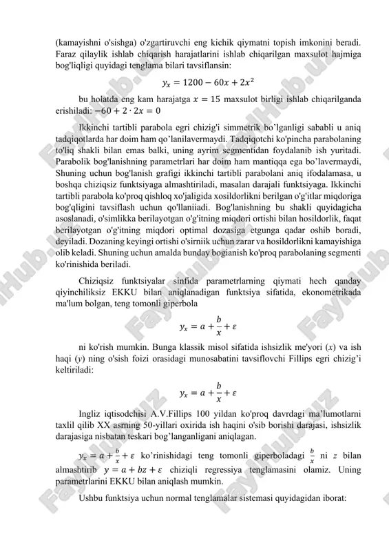 ishidagi teng tomonli giperboladagi 𝑏 𝑥 ni z bilan almashtirib 𝑦 = 𝑎 + 𝑏𝑧 + 𝜀 chiziqli regressiya tenglamasini olamiz. uning parametrlarini ekku bilan aniqlash mumkin. ushbu funktsiya uchun normal tenglamalar sistemasi quyidagidan iborat: { ∑𝑦 = 𝑛𝑎 + 𝑏∑ 1 𝑥 ∑ 𝑦 𝑥 = 𝑎∑ 1 𝑥 + 𝑏∑ 1 𝑥2 𝑏 > 0 bo’lganda teskari bog’lanish bo’lib, 𝑥 → ∞ bo’lganda u a parameter bilan baholanadigan o'zinig eng kichik qiymatiga erishadi. 𝑦 = 0,00679 + 0,1842 ∙ 1 𝑥 funktsiyasi bilan ifodalanuvchi fillips egri chizig'ida a parametrning qiymati 0,00679ga teng, bu ishsizlik darajasining o'sishi bilan ish haqining qo’shimcha o'sishi sur'ati nolga intilishini ko'rsatadi. 𝑏 < 0 bo’lib x cheksizga intilganda (𝑥 → ∞) yuqori asimptotaga ega bo’lgan sekin o'suvchi, ya'ni 𝑦𝑥 = 𝑎 − 𝑏 𝑥 tenglamada a parametr baho beradigan y ning maksimumga erishuvchi, funktsiyaga ega bo’lamiz. misol sifatida umumiy harajatlar (yoki daromadlar) bilan uzoq …