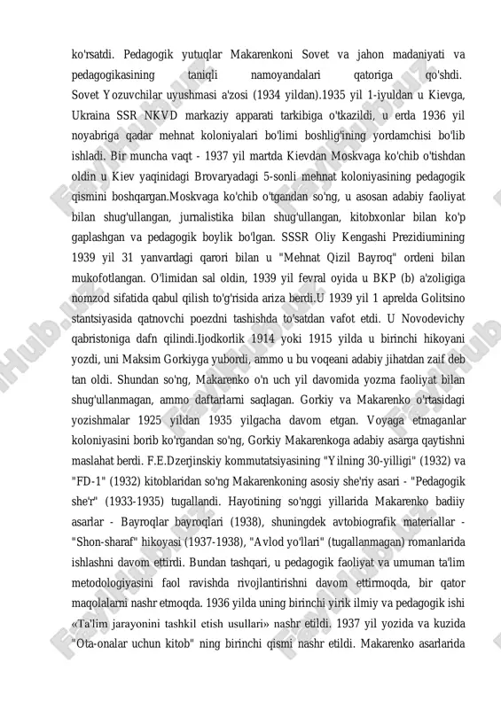 bilizatsiya qilingan.1917-1919 yillarda kryukovskiy vagon sexlarida temir yo'l maktabining mudiri.1919 yilda u poltavaga ko'chib o'tdi. poltava gubnarobraz nomidan u poltava yaqinidagi kovalevka qishlog'ida balog'atga etmagan huquqbuzar bolalar uchun mehnat koloniyasini tashkil qildi, 1921 yilda koloniya m. gorkiy nomini oldi, 1926 yilda koloniya xarkov yaqinidagi kuryajskiy monastiriga o'tkazildi; uni boshqargan (1920-1928), 1927 yil oktabrdan 1935 yil iyulgacha u xarkov atrofidagi f.e. dzerjinskiy nomidagi ogpu bolalar mehnat jamoasining rahbarlaridan biri bo'lib, u o'zi ishlab chiqqan pedagogik tizimni amaliyotda qo'llashda davom etdi. m. gorkiy a. makarenkoning o'qituvchilik faoliyatiga qiziqib, unga har tomonlama yordam ko'rsatdi. pedagogik yutuqlar makarenkoni sovet va jahon madaniyati va pedagogikasining taniqli namoyandalari qatoriga qo'shdi. sovet yozuvchilar uyushmasi a'zosi (1934 yildan).1935 yil 1-iyuldan u kievga, ukraina ssr nkvd markaziy apparati tarkibiga o'tkazildi, u erda 1936 yil noyabriga qadar mehnat koloniyalari bo'limi boshlig'ining yordamchisi bo'lib ishladi. bir muncha vaqt - 1937 yil martda kievdan moskvaga ko'chib o'tishdan oldin u kiev yaqinidagi brovaryadagi …