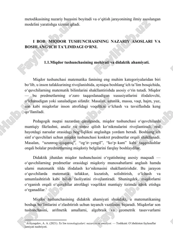 urlarni shakllantirishda asos bo‘lib xizmat qiladi. shuning uchun boshlang‘ich ta’lim jarayonida miqdorlarni o‘rganish izchil, tizimli va amaliy faoliyatga asoslangan tarzda olib borilishi lozim. ilmiy manbalarda (n.a. menchinskaya, l.v. zankov, d.b. elkonin, m.i. moro va boshqalar) ta’kidlanishicha, bolalarda miqdor tushunchasining shakllanishi quyidagi bosqichlarda amalga oshadi: 1. kuzatish va amaliy faoliyat bosqichi – bolalar predmetlarning miqdoriy belgilarini real misollar orqali o‘zlashtiradilar. 2. solishtirish bosqichi – o‘quvchi “ko‘p–kam”, “katta–kichik”, “uzun–qisqa” kabi juftliklarni ajrata boshlaydi. 3. o‘lchash bosqichi – bolalar o‘lchov birliklari (metr, kilogramm, soat, litr va boshqalar) bilan tanishadi. 4. simvollash va matematik ifoda bosqichi – o‘quvchi miqdorlarni raqam va belgilar yordamida ifodalashni o‘rganadi. shunday qilib, miqdor tushunchasini o‘rgatish jarayoni faqat matematik bilim berish bilan cheklanmay, balki o‘quvchilarning bilish faoliyati, mantiqiy fikrlashi, amaliy tajribasi va mustaqil ishlash ko‘nikmalarini rivojlantirishga xizmat qiladi. miqdorlarni o‘rgatishda o‘qituvchi o‘quvchilarning yosh psixologik xususiyatlarini e’tiborga olishi zarur. 1–2-sinf o‘quvchilari uchun abstrakt tushunchalar emas, balki ko‘rgazmali, predmetli, amaliy mashg‘ulotlar orqali …