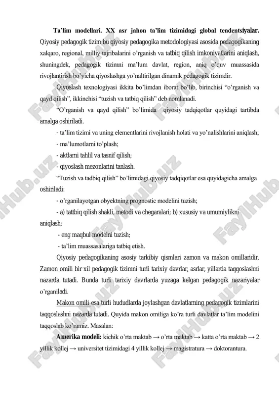 ilmoqda. ta’lim modellari. xx asr jahon ta’lim tizimidagi global tendentsiyalar. qiyosiy pedagogik tizim bu qiyosiy pedagogika metodologiyasi asosida pedagogikaning xalqaro, regional, milliy tajribalarini o‘rganish va tatbiq qilish imkoniyatlarini aniqlash, shuningdek, pedagogik tizimni ma‘lum davlat, region, aniq o‘quv muassasida rivojlantirish bo‘yicha qiyoslashga yo‘naltirilgan dinamik pedagogik tizimdir. qiyoslash texnologiyasi ikkita bo‘limdan iborat bo‘lib, birinchisi ―o‘rganish va qayd qilish‖, ikkinchisi ―tuzish va tatbiq qilish‖ deb nomlanadi. ―o‘rganish va qayd qilish‖ bo‘limida qiyosiy tadqiqotlar quyidagi tartibda amalga oshiriladi. - ta‘lim tizimi va uning elementlarini rivojlanish holati va yo‘nalishlarini aniqlash; - ma‘lumotlarni to‘plash; - aktlarni tahlil va tasnif qilish; - qiyoslash mezonlarini tanlash. ―tuzish va tadbiq qilish‖ bo‘limidagi qiyosiy tadqiqotlar esa quyidagicha amalga oshiriladi: - o‘rganilayotgan obyektning prognostic modelini tuzish; - a) tattbiq qilish shakli, metodi va chegaralari; b) xususiy va umumiylikni aniqlash; - eng maqbul modelni tuzish; - ta‘lim muassasalariga tatbiq etish. qiyosiy pedagogikaning asosiy tarkibiy qismlari zamon va makon omillaridir. zamon omili bir …