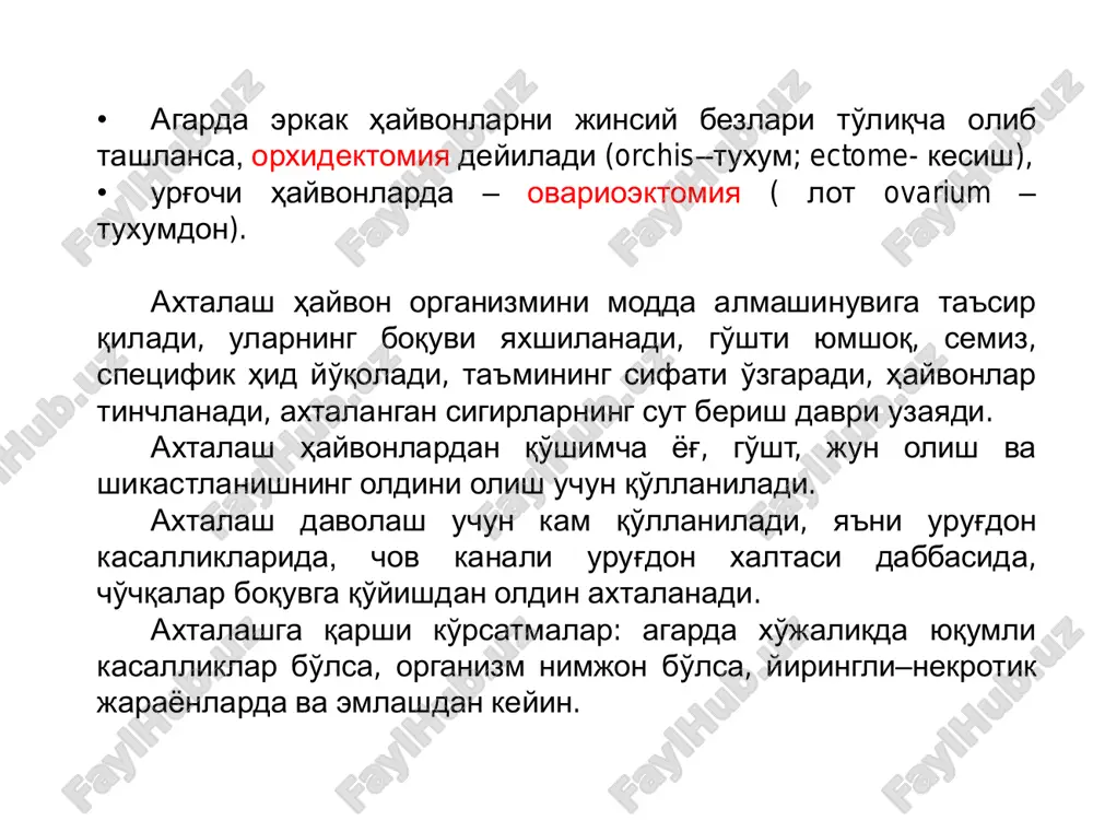 ardagacha kesib boriladi. urug'don umumiy qin parda bilan tashkariga chikariladi, bo'shliqda organ to'qimalar yo'q ekanligi aniqlangandan keyin tizmacha 180os buraladi va 7 sm teparokdan steril leshetkani qo'yilib berkitish lozim. leshyotkadan 2 – 2,5 sm pastroq tizmacha kesiladi va urug'don olib tashlanadi. 7 – 8 kundan keyin leshyotka olinadi yoki o'z–o'zidan tushib ketadi. ligatura qo'yib axtalash – urug'don tizmacha bilan tashqariga chiqarilgandan keyin yuqoridan zand qisqichi bilan tizmacha kisiladi. qisqich olingandan keyin tizmacha 180os buralib yana bir marta qisiladi, hosil bo'lgan ariqchaga ketgut qo'yilib bog'lanadi. ikki–uch barmoq pastdan kelib olib tashlanadi. buqalarni axtalash fiksatsiya – turgan va yotgan holatda. og'riqsizlantirish – bir yoshgacha bo'lganlarga og'riqsizlantirish o'tkazilmaydi, bir yoshdan keyin og'riqsizlantirish ayg'irlarnikidek olib boriladi. buqalar qonsiz va qonli usul bilan axtalanadi. qonsiz (perkutan) usul: urug'don tizmachasini teri orqali majaklashni maksadi urug'donda kon bilan ta'minlashni va inervatsiyasini to'xtatish. buning uchun quyidagi axtalash qisqichlaridan foydalanish mumkin: telyatnikov, burditstso, glumko – golenskiy, xanindiki. telyatnikov qisqichi …
