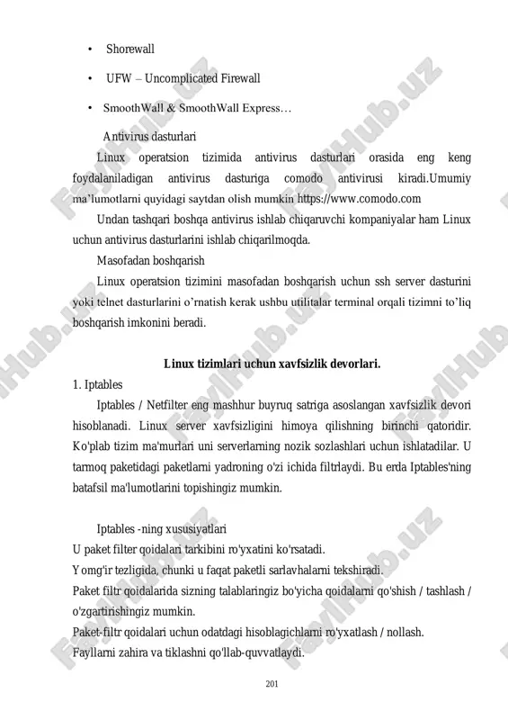 va o'rta maxsus ta'lim vazirligi -toshkent: ―tafakkur bo'stoni‖ nashriѐti, 2014. 6. brayan uord – vnutrennee ustroystvo linux, 2016 g. izdatelstvo: piter, stranits: 384 7. mixael kofler–linux. ustanovka, nastroyka, administrirovanie, 2014 g. izdatelstvo piter, kolichestvo stranits 768 8. kolisnichenko denis nikolaevich – komandnaya stroka linux i avtomatizatsiya rutinnix zadach, 2014 g. kolichestvo stranits 368 9. prakticheskoe rukovodstvo sistemnogo administratora aleksandr kenin 2013 g. izdatelstvo: bxv-peterburg, kolichestvo stranits 544 str. 10. linux. ot novichka k professionalu (4-e izdanie) denis kolisnichenko god: 2012, kolichestvo stranits 672 11. linux/freebsd. uroven «na start». effektivnaya rabota v komandnoy stroke. videokurs+literatura. avtor: loxturov vyacheslav aleksandrovich: god: 2016 kolichestvo stranits 618 internet saytlar 1. http://www.tuit.uz 2. http://www.atdt.uz 3. http://www.ziyonet.uz 4. http://ubuntu.com 5. http://debian.com 6. http://www.wikipedia.org 7. http://www.intuit.ru http://bookash.pro/ru/year/2007/ https://vk.com/doc177425717_449768286?hash=91d001066605246269&dl=d7271d678d97ac5d2a https://t.me/progbook/383 https://t.me/progbook/383 http://bookash.pro/ru/author/%d0%90%d0%bb%d0%b5%d0%ba%d1%81%d0%b0%d0%bd%d0%b4%d1%80+%d0%9a%d0%b5%d0%bd%d0%b8%d0%bd/ http://bookash.pro/ru/author/%d0%90%d0%bb%d0%b5%d0%ba%d1%81%d0%b0%d0%bd%d0%b4%d1%80+%d0%9a%d0%b5%d0%bd%d0%b8%d0%bd/ http://bookash.pro/ru/year/2012/ http://bookash.pro/ru/year/2007/ http://www.tuit.uz/ http://www.atdt.uz/ http://www.ziyonet.uz/ http://ubuntu.com/ http://debian.com/ http://www.wikipedia./