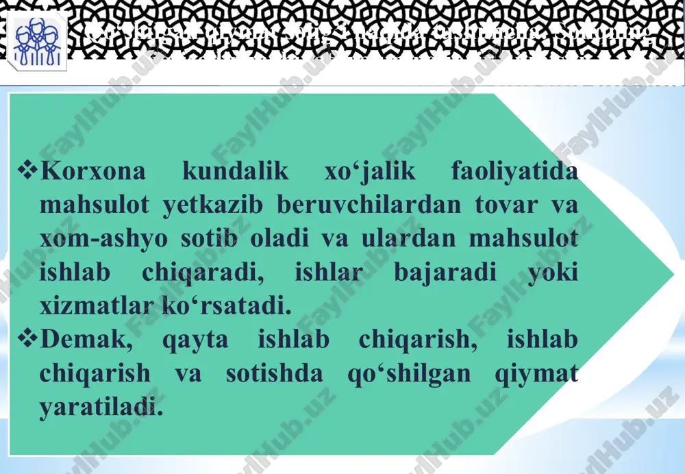 iymat solig'i summasining asosliligi yuzasidan kameral soliq tekshiruvini o'tkazish muddatlari 60 kundan 30 kungacha qisqartirilmoqda. quyidagilar bekor qilinmoqda: a) 2023 yilning 1 aprelidan boshlab quyidagilar bo'yicha berilgan imtiyozlar: byudjet mablag'lari hisobidan har yillik mineral xom ashyo bazasini rivojlantirish va qayta tiklash davlat dasturlari doirasida ko'rsatiladigan geologiya xizmatlari bo'yicha aylanma; pochta markalari, markali otkritkalar, konvertlarni realizatsiya qilish bo'yicha aylanma; quyidagilar bekor qilinmoqda: byudjet mablag'lari hisobidan bajariladigan ilmiy-tadqiqot va innovatsion ishlarni realizatsiya qilish bo'yicha aylanma; b) 2023 yilning 1 iyulidan boshlab o'zbekiston respublikasi milliy gvardiyasining qo'riqlash bo'linmalari xizmatlari bo'yicha taqdim etilgan imtiyozlar. s l id e s m a n ia . davlat hokimiyati va boshqaruvi organlari o'zbekiston respublikasi prezidenti yoki vazirlar mahkamasining qaroriga asosan qo'shilgan qiymat solig'ini to'lovchilar deb e'tirof etilishi mumkin. 2023 yilning 1 yanvaridan boshlab joriy qilinadigan tartibga ko'ra, guvohnomaning amal qilish muddati to'xtatilganligi munosabati bilan hisobga qabul qilinmagan, haqiqatda olingan tovarlar (xizmatlar) bo'yicha to'langan (to'lanishi lozim bo'lgan) soliq …