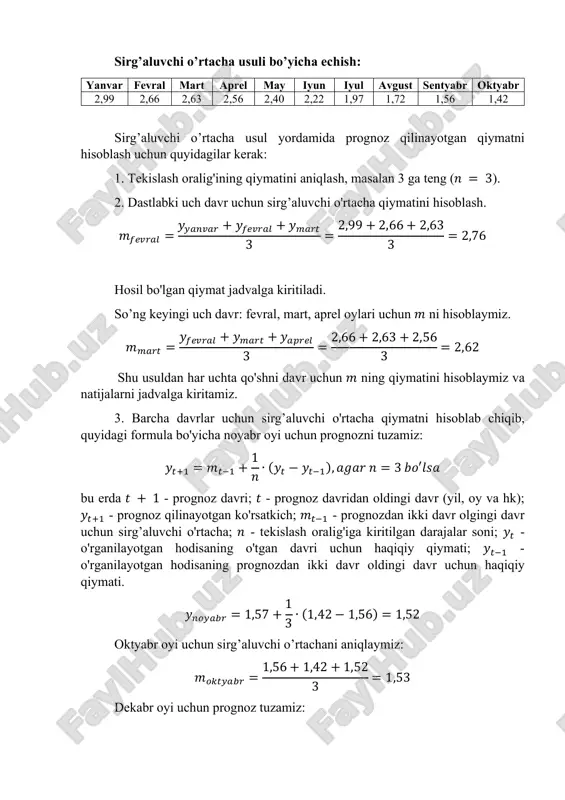 ng shartli belgilanishini prognoz qilinayotgan bazaning davrlarini ketma-ket raqamlash orqali ifodalaymiz (3-ustun). 4 va 5-ustunlarni hisoblab olamiz. 𝑦ℎ𝑖𝑠 qiymat 𝑦𝑡+1 = 𝑎 + 𝑏 ∙ 𝑡 formula bo'yicha aniqlanadi, bu erda 𝑡 + 1 - prognoz davri; 𝑦𝑡+1 - prognoz qilingan ko'rsatkich; 𝑎 va 𝑏 - koeffitsientlar; 𝑡 - vaqtning shartli belgisidir. 𝑎 va 𝑏 koeffitsientlari quyidagi formulalar bilan aniqlanadi: 𝑏 = 𝑦𝑡 ∙ 𝑡̅̅ ̅̅ ̅̅ − �̅�𝑡 ∙ 𝑡̅ 𝑡2̅ − 𝑡̅2 𝑎 = �̅�𝑡 − 𝑏 ∙ 𝑡 ̅ oylar ishsizlik darajasi, 𝒚𝒕, % vaqtning shartli belgilanishi, 𝒕 𝒚𝒙 ∙ 𝒕 𝒕𝟐 𝒚𝒉𝒊𝒔 |𝒚𝒉𝒂𝒒 − 𝒚𝒉𝒊𝒔| 𝒚𝒉𝒂𝒒 ∙ 𝟏𝟎𝟎% yanvar 2,99 1 2,99 1 2,98 0,33 fevral 2,66 2 5,32 4 2,81 5,64 mart 2,63 3 7,89 9 2,64 0,38 aprel 2,56 4 10,24 16 2,47 3,52 may 2,40 5 12 25 2,3 4,17 iyun 2,22 6 13,32 36 2,13 4,05 iyul 1,97 7 13,79 49 1,96 …