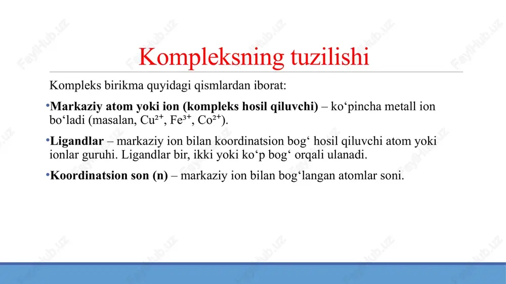 atalizator ishlatishga, reaksiya mahsulotini saqlab qolish sharoitini tanlashga e’tibor beriladi. ikkala usulda ham mahsulotni tozalash, uni ajratib olish, kimyoviy analiz qilish kabi ishlarni to‘liq bajarish talab qilinadi. sintez ishining barcha bosqichlarini taftish etib borishda fizik – kimyoviy izlanish usullari, qisqa to‘lqinli spektroskopiya, yadro magnit rezonans (yamr) usullari katta yordam beradi. muvozanatli sintezda gibbs energiyasining o‘zgarishi manfiy qiymatga ega bo‘lishi kerak. bu yerda : km ― reaksiyaning muvozanat doimiysi, n1 ― stexiometrik koeffitsentlar ; ci ― i moddaning konsentratsiyasi. le shatelye qoidasiga muvofiq, temperatura ko‘tarilganda endotermik reaksiya mahsulotlarining unumi ortadi ; bosim oshirilganda hajm kamayadigan tomonga yo‘nalgan reaksiya mahsulotlari unumi ortadi ; dastlabki moddalar konsentratsiyasi oshirilganda koordinatsion birikmalarning hosil bo‘lishi kuchayadi. yana shuni aytib o‘tishimiz kerakki, bunday koordinatsion birikmalar hosil qilishda berilgan moddalarning bir – birida eruvchanligini tekshirish natijalaridan va moddalar sistemasining holat diagrammasidan keng foydalaniladi. bunday diagrammalarga asoslanib, koordinatsion birikmaning hosil bo‘lishidagi konsentratsiyalar sohasi aniqlanadi. masalan, zncl2 ― glitsin (nh2ch2 …