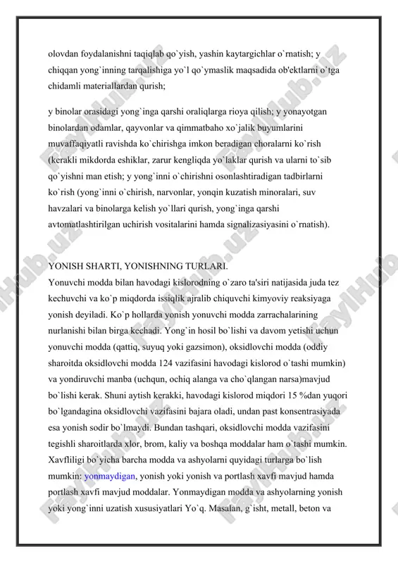 kin. shu bilan birga havoda tarqalgan holda portlovchi aralashmalar hosil qiluvchi changlar ham bunga mansubdir. masalan, lub, tamaki va kanop tolalari changlari. yonish va portlash xavfi mavjud moddalarga o`zi yonmaydigan, lekin suv bilan aralashganda parchalanib, gaz ajratib chiqaruvchi va bu gaz havo bilan birikkanda portlovchi birikma hosil qiluvchi moddalar ham kiradi (kalsiy karbid). portlovchi narsa va moddalar havo bilan aralashib, portlovchi birikmalar (yonuvchi gaz, vodorod, asetilen) hosil qiladi. portlash xavfi mavjud moddalarga yonuvchi gazlar bilan .aralashganda portlash xavfini vujudga keltiradigan yonmaydigan gazlar ham kiradi (kislorod yonuvchi gaz bilan aralashganda portlashga olib keladi). ayrim holda yonmaydigan va yonishni ta'minlay olmaydigan portlovchi gazlar ham bo`lishi mumkin. masalan, balonlarda siqilgan holda saqlanuvchi karbonat angidrid gazi. portlovchi moddalarga, shuningdek, havo bilan aralashgan holdagi noorganik moddalar ham (alyuminiy, magniy va boshqa moddalar kukunlari) kiradi. qurilish materiallari va binolarning o`tga chidamliligi qurilish materiallari va konstruksiyalari o`tga chidamlilik darajasiga ko`ra quyidagi guro`hga bo`linadi: 1. yonmaydigan materiallar va …